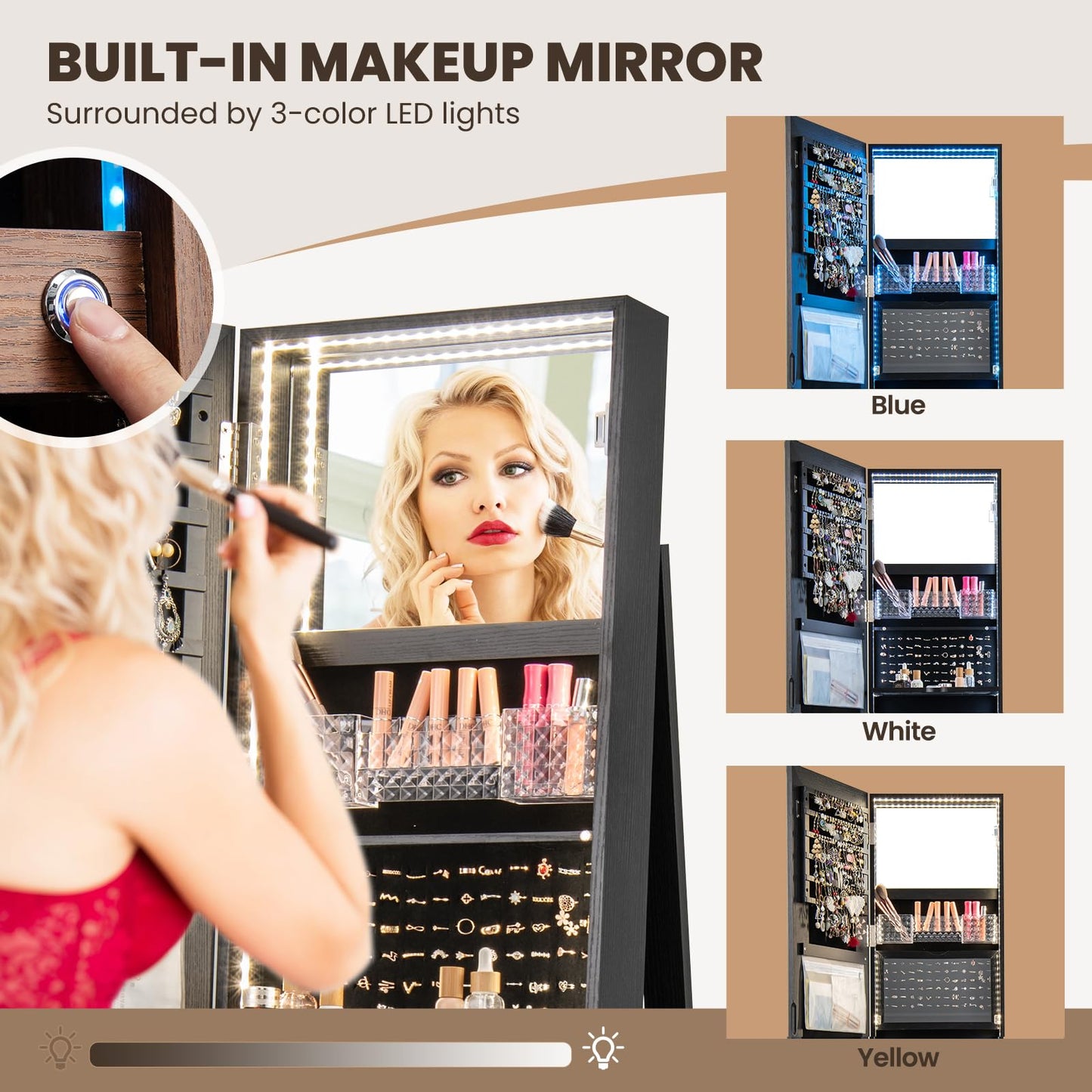 CHARMAID 360° Rotating Jewelry Armoire with LED Lighted Full Length Mirror & Built-in Vanity Mirror, Lockable Standing Jewelry Cabinet with Lights, Large Storage Organizer for Jewelry (Black)
