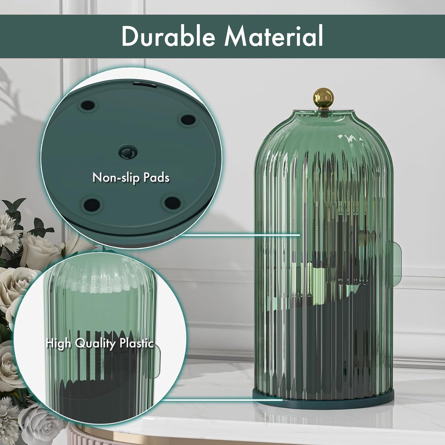 ZHUSSZHU Makeup Brush Holder with Lid Cosmetic Tools Organizer 360 Rotating Waterproof Dustproof Beauty Brushes Storage for Vanity, White Malachite green