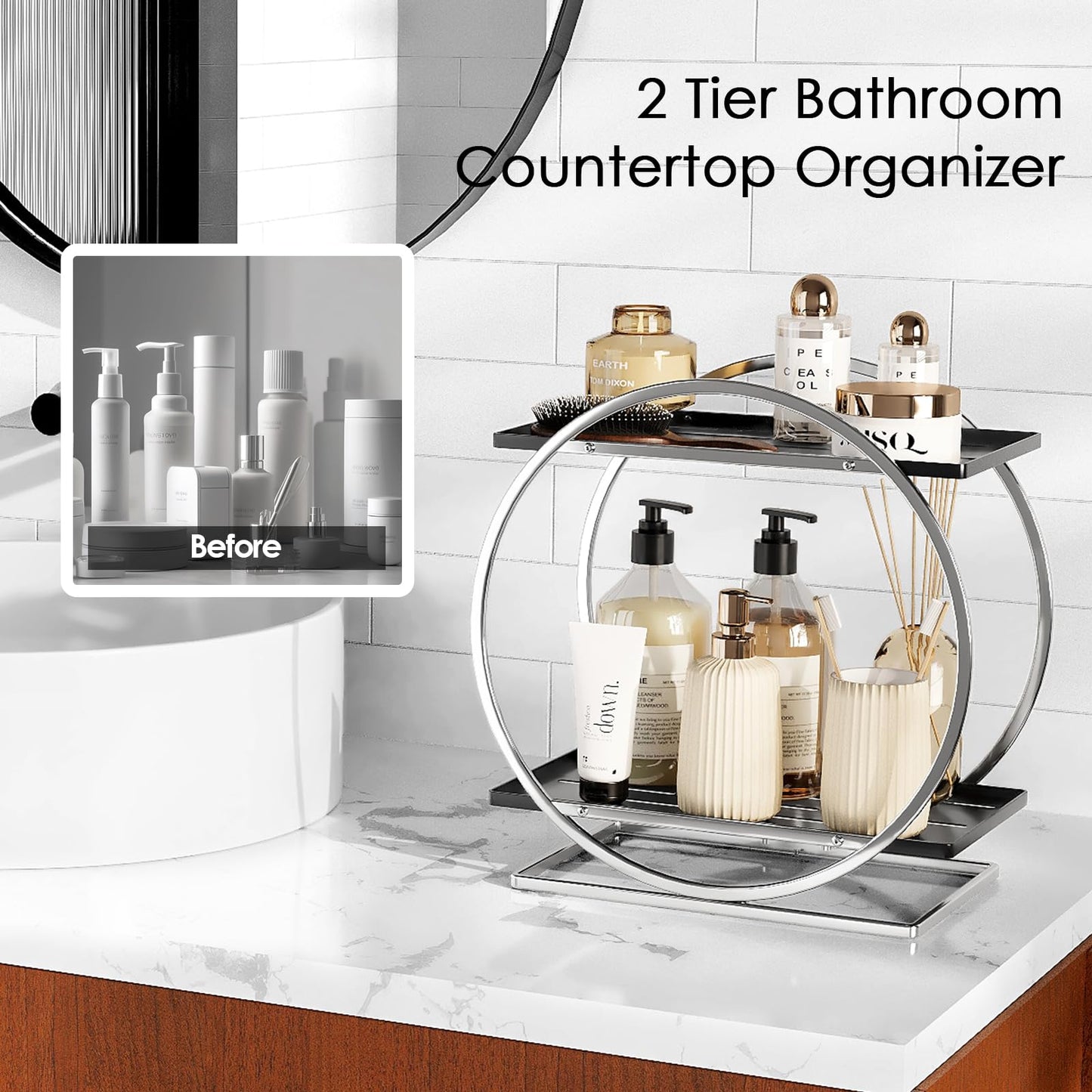 YIWANFW Bathroom Counter Organizer, Silver Black Perfume Organizer for Dresser, 2-Tier Bathroom Organizers and Storage, Exquisite Makeup Organizer Countertop Vanity Tray for Perfume Cosmetic Skincare