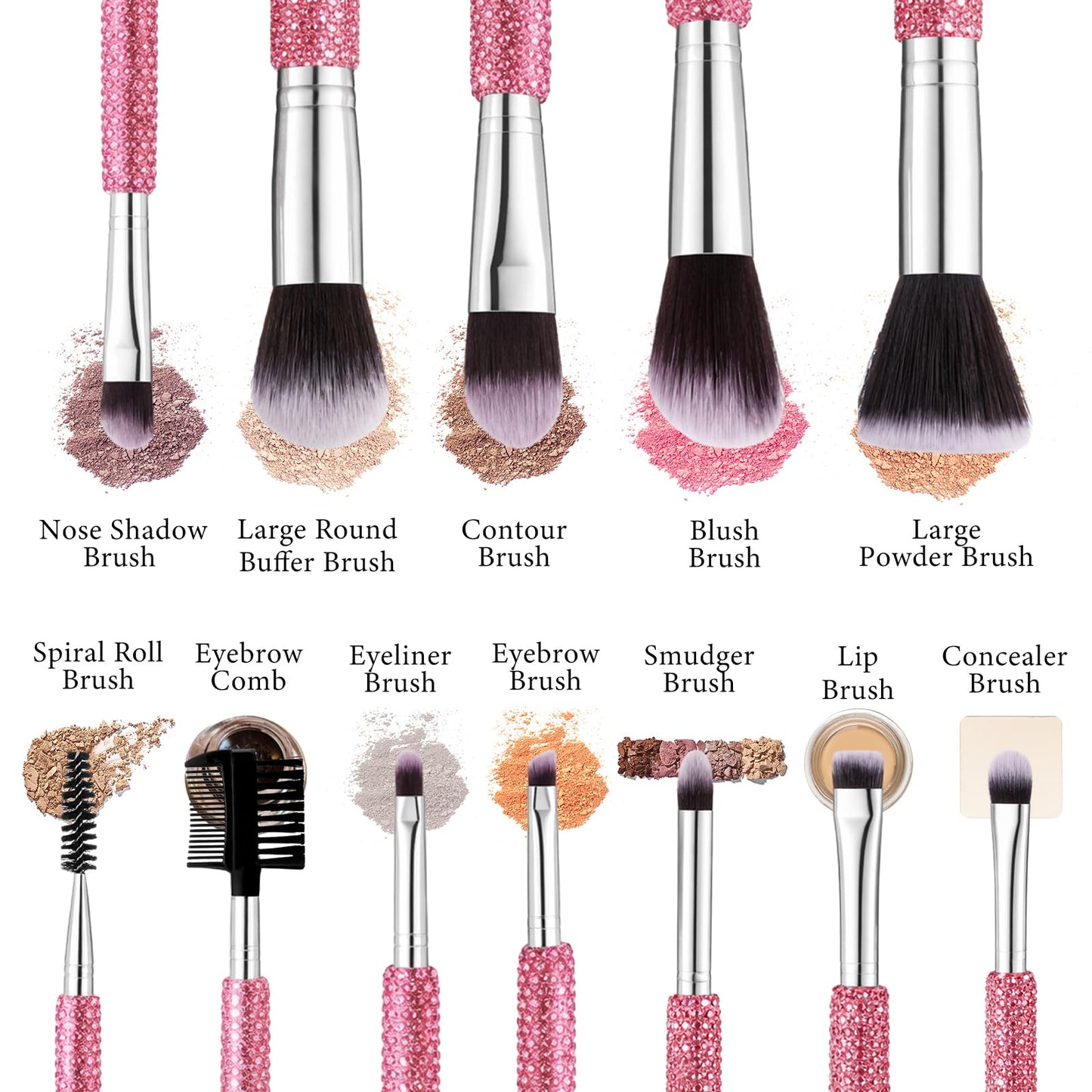 Nuogo Pink 13 Pcs Rhinestone Makeup Brushes Set 12 Bling Crystal Professional Face Cosmetics Blending Liquid Foundation Powder Concealer Eye Shadows Make up Beauty Tool Glitter with 1 Holder