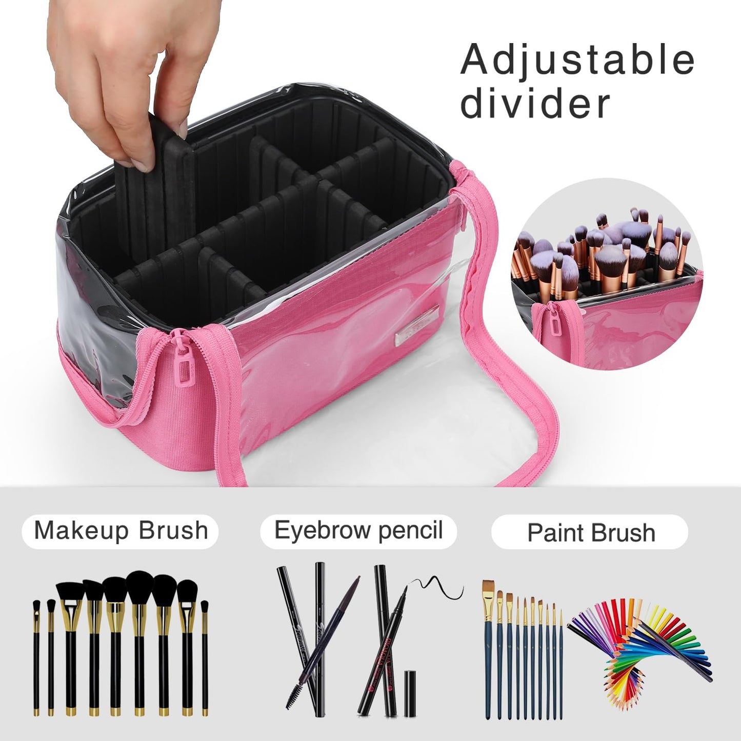 TANTO Makeup Brush Case Stand-up Makeup Cup Makeup Brush Holder Travel Professional Cosmetic Bag Artist Storage Bag Large Makeup Bag with Adjustable Divide (Rose Pink, 1-Large)