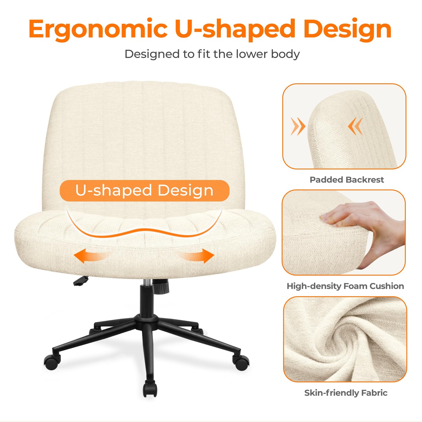 NEO CHAIR Criss Cross Chair with Wheels Armless Cross Legged Office Desk Wide Comfy Vanity Makeup Chair Adjustable Swivel Rolling Computer for Home Office Fabric (Beige)