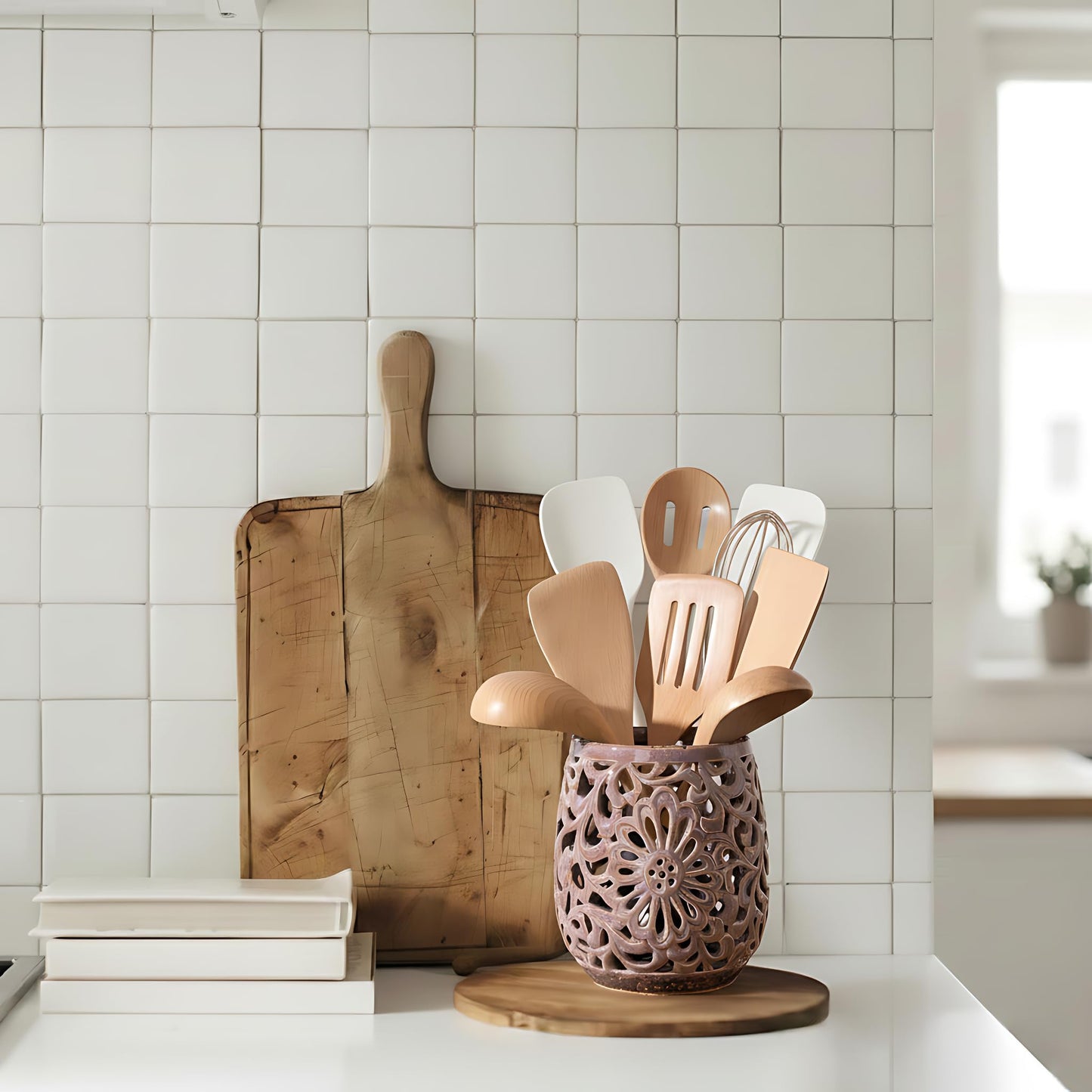 JH JIEMEI HOME Farmhouse Kitchen Utensil Holder for Kitchen Counter, Ceramic Large Cooking Utensil Crock with Cork Mat, Countertop Cooking Tool Spatula Organizer, Purple Antique Design