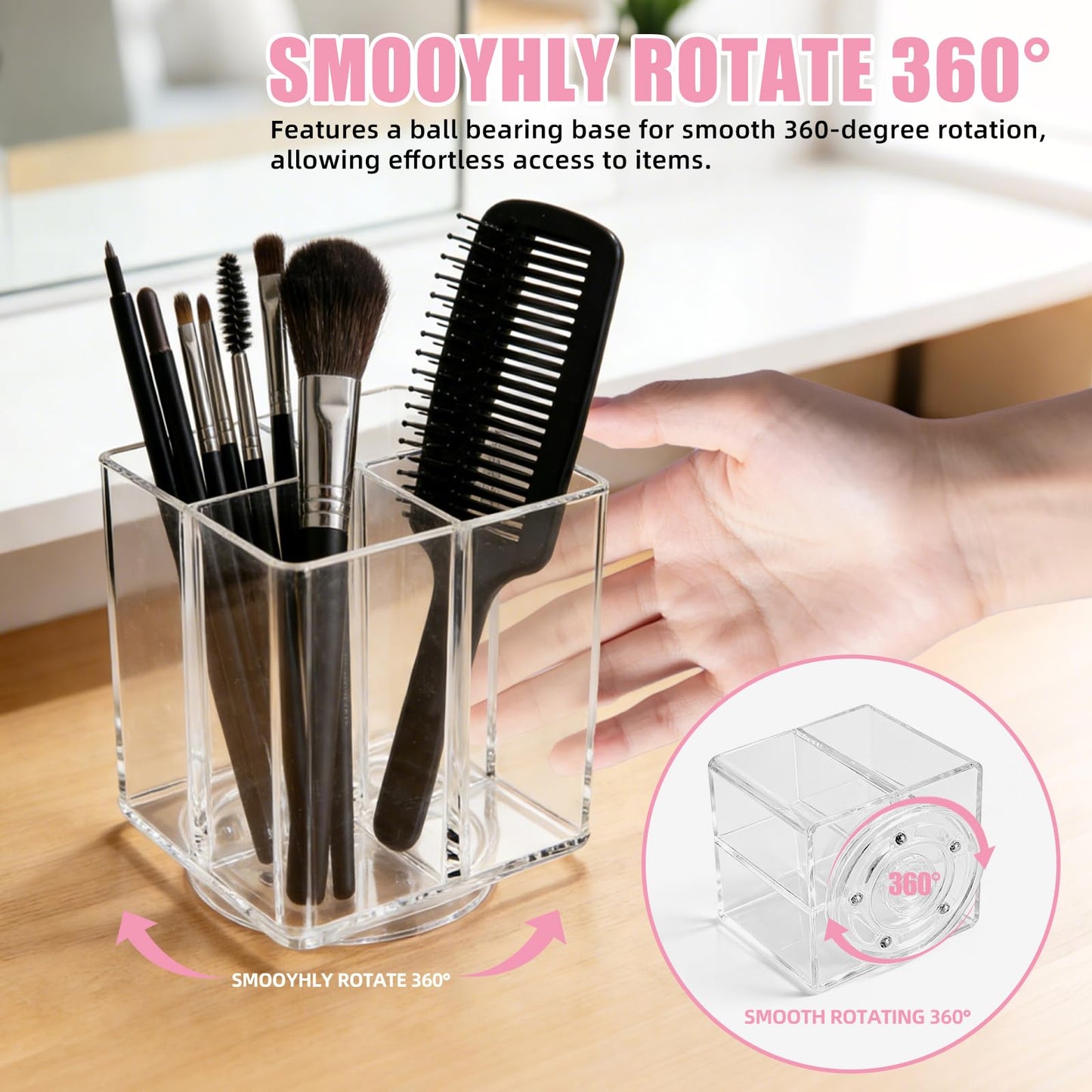HALAGAS Acrylic Makeup Brush Holder, Clear Rotating Makeup Brush Holder Organizer with 4 Slots, Square Makeup Brush Cup for Vanity Desk Countertop Bathroom
