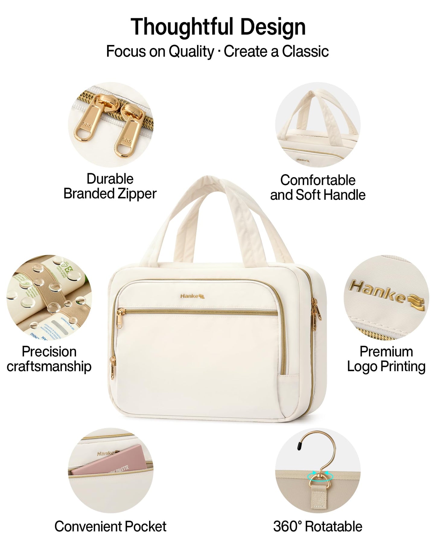 Hanke Hanging Travel Toiletry Bag for Women, Water-Resistant Makeup Organizer with Hook, Cosmetic Bag for Bathroom & Travel Essentials Accessories, Off White