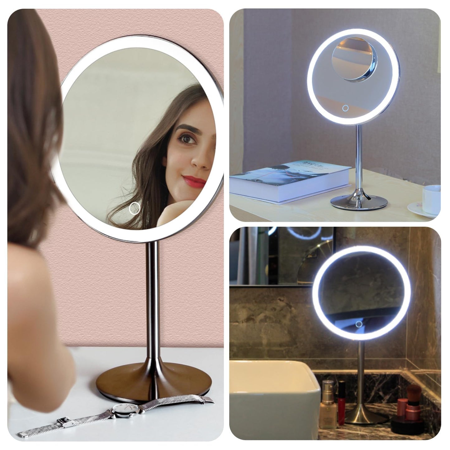 Miusco Makeup Mirror 9" Vanity Mirror with Lights, 5X & 10X Magnification - Front/Back Magnetic Design, Rechargeable & Cordless, Touch Dimming, 90° Adjustable Angle, Metal Frame, Includes USB Cable