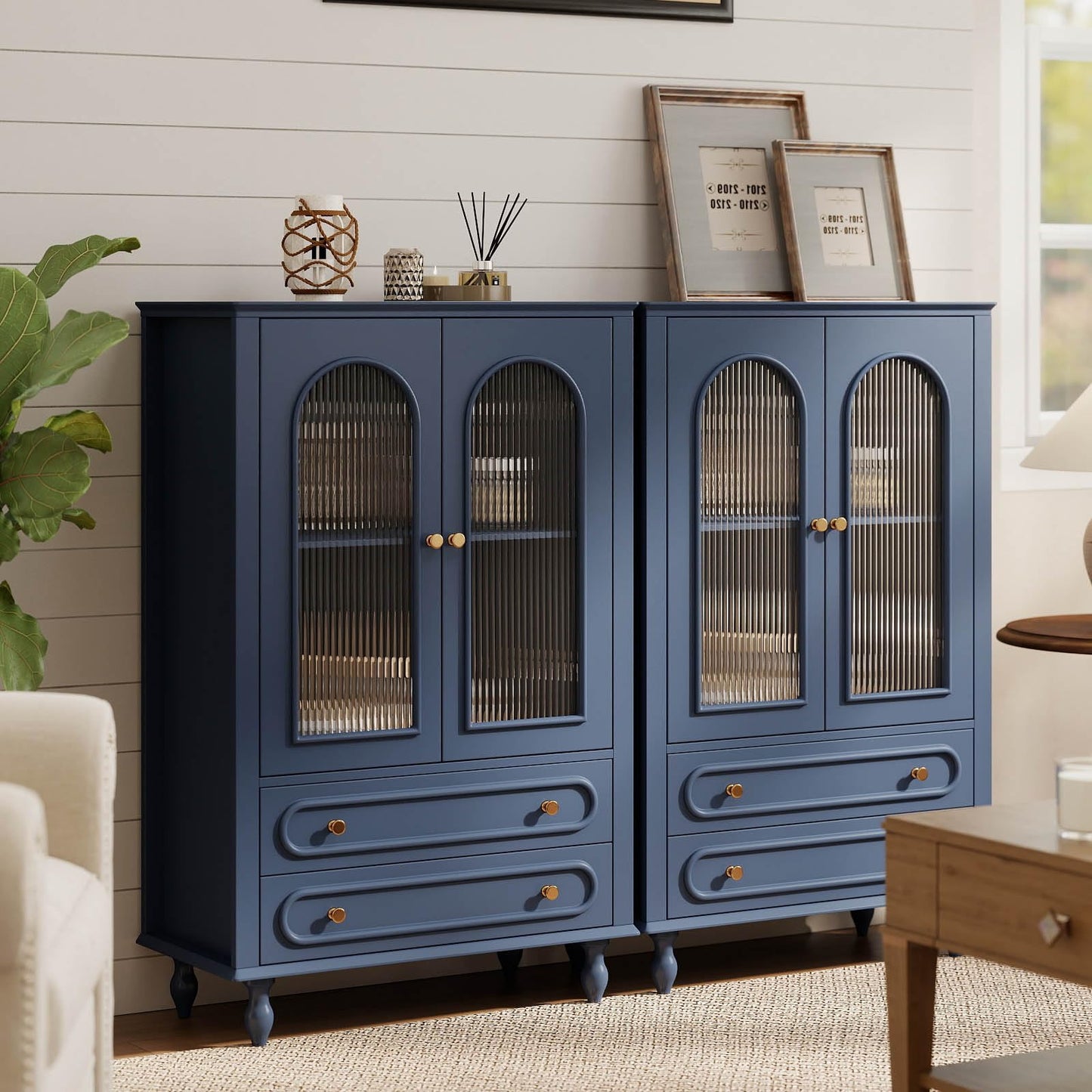 46.5'' Tall Buffet Cabinet with Arched Fluted Glass Doors and Drawers,Modern Accent Cabinet with Solid Wood Legs,Wooden Storage Cabinets for Living Room,Dining Room Hallway Entryway,Navy Blue