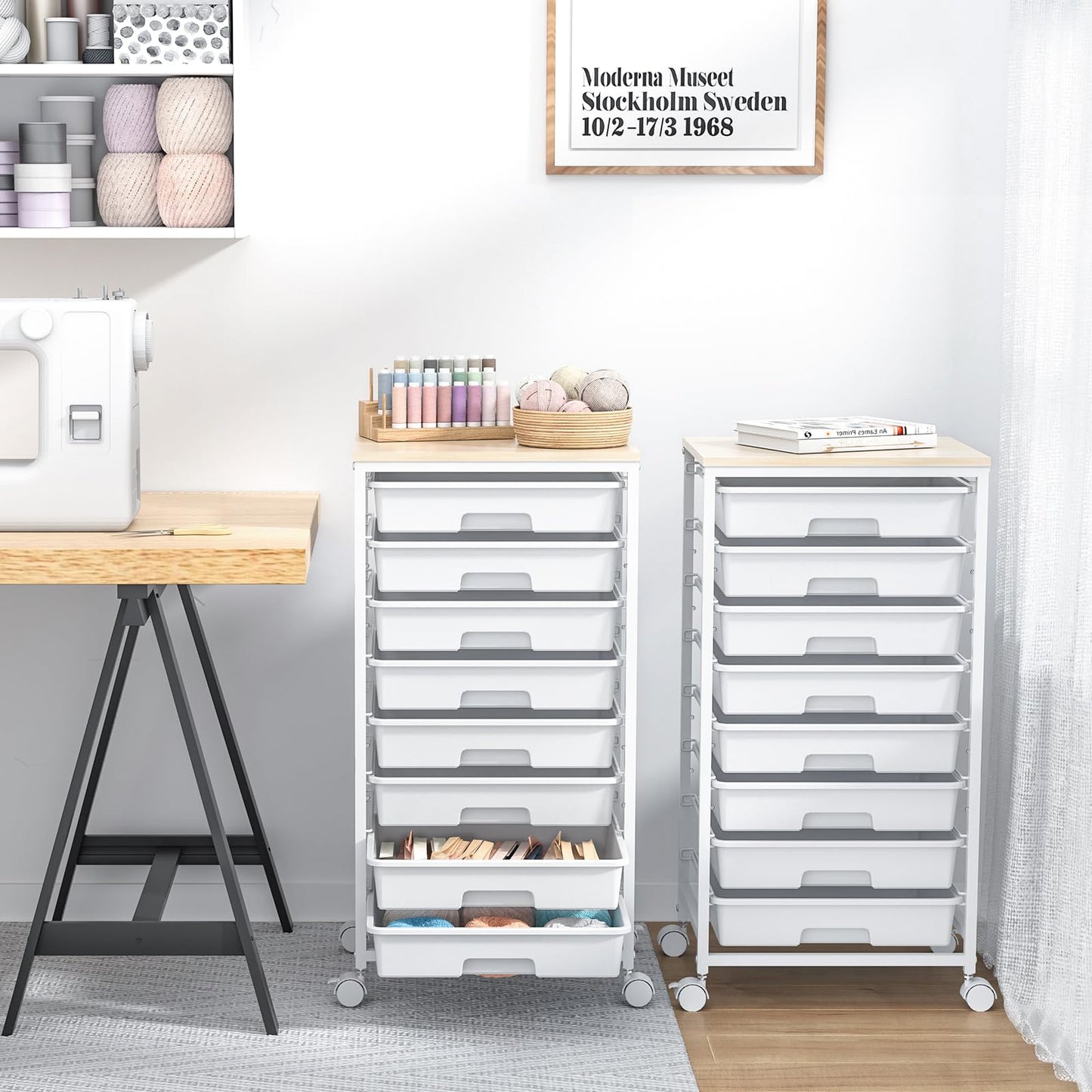 SYKIARIOL Rolling Storage Cart with Drawers,Utility Cart With 8 Drawers and Wooden Tabletop,Rolling Drawer Cart,Storage Drawer Cart for Living Room,Classroom,Bedroom,Bathroom,Dorm,Office,White