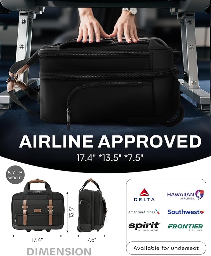 Rolling Laptop Bag, Briefcase for Men and Women, 17 Inch Computer Bag with Wheels Underseat Carry on Luggage, Laptop Briefcase Case for Work, Travel, College Teacher, Mobile Office Bag, Brown