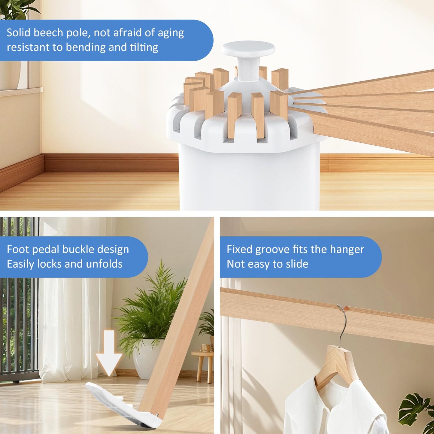 Clothes Drying Rack, Foldable Wooden Tripod Drying Rack Clothing for Small Apartments Balcony Bedroom, Portable Space Saving Laundry Rack, Floor Standing with 16 Octopus Poles for Indoor Drying.