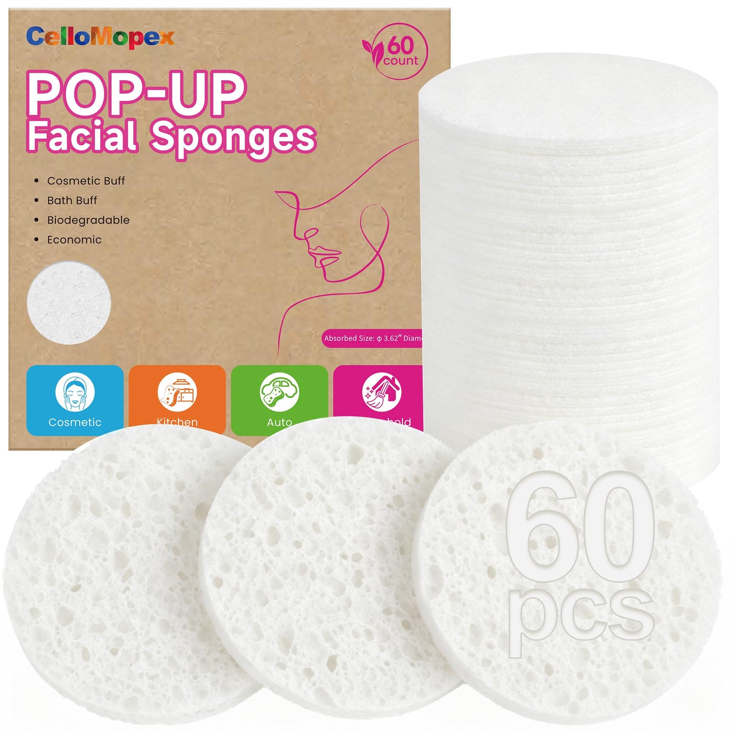 3.15in Large Compressed Facial Sponges 60 Pcs, 100% Natural Cellulose Face Sponges for Cleansing, Gentle Exfoliating, Makeup & Mask Removal, Spa Skincare, Travel Essentials for Women (White, Reusable)