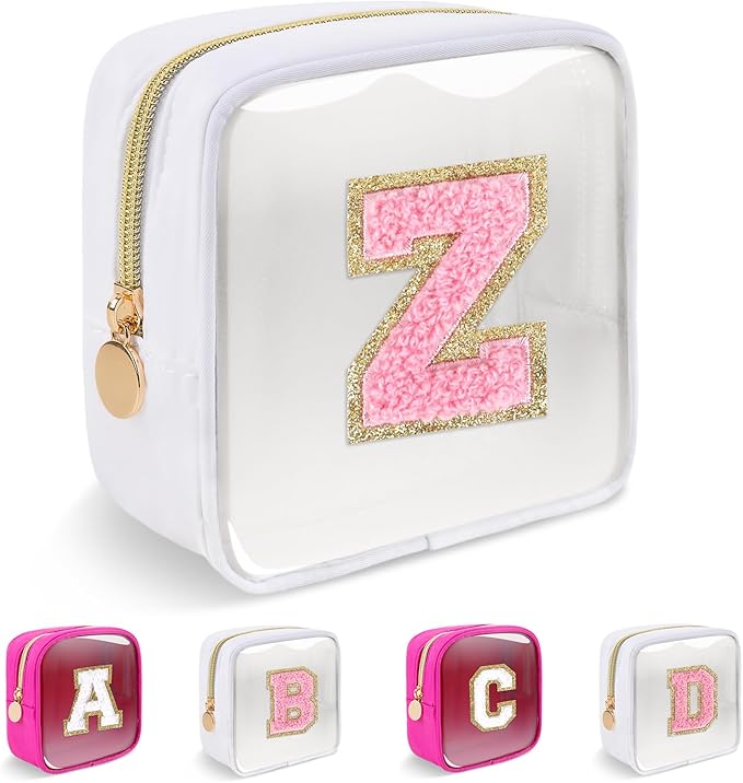 Personalized Initial Letter Clear Preppy Makeup Bag,Mini Nylon Chenille Letter Cosmetic Bag Cute Zipper Pouch Purse for Teen Girls,Portable TSA Approved Beach Travel Essentials Bag Gift for Women,Z