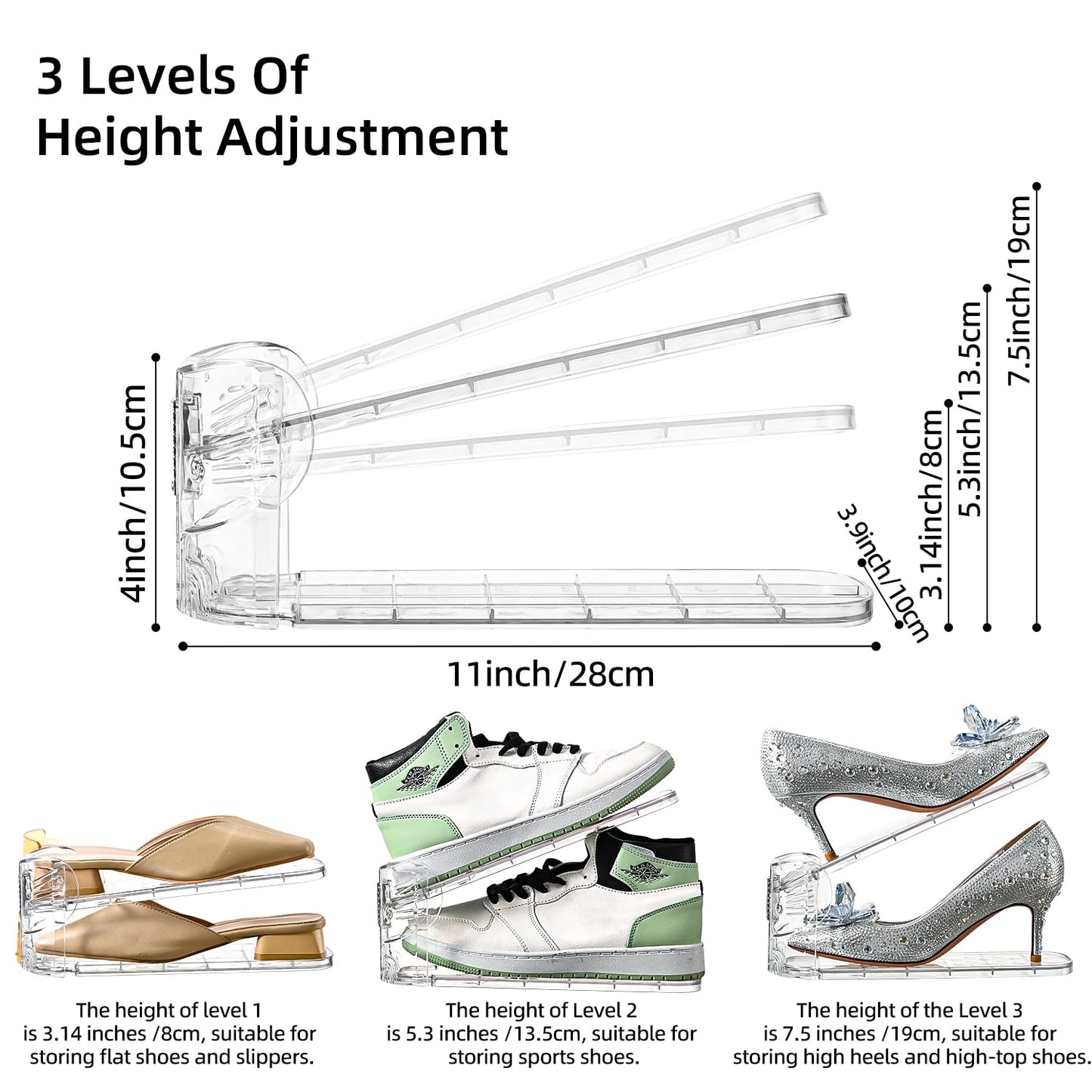 Uni HIMO Shoe Slots Organizer,Elephant Shoe Rack Stable and Thick,Clear Shoe Stacker with 3 Adjustable Level for Sneakers Display (Transparent - Silver, 15Pack)
