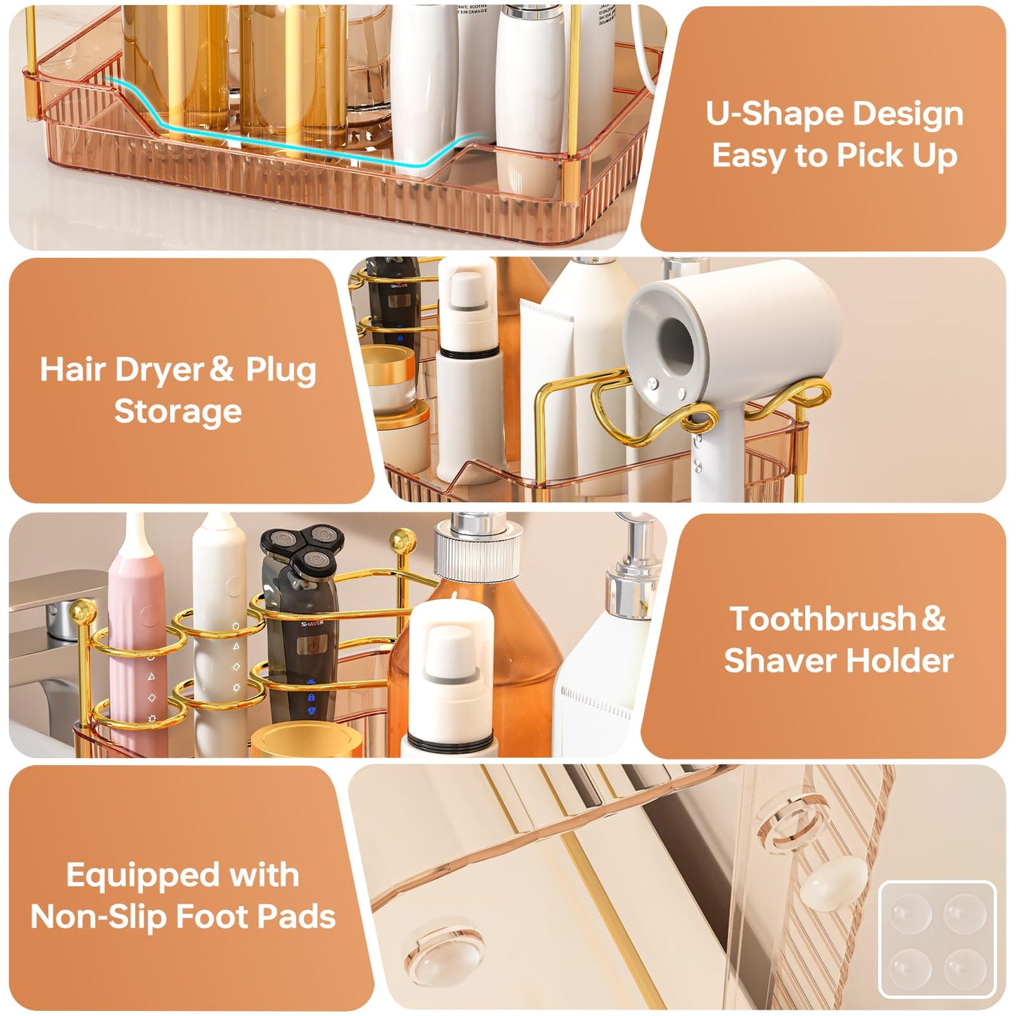 ZZWILLB 3-Tier Bathroom Countertop Organizer - Amber Acrylic Vanity Trays with Hair Dryer & Toothbrush Holder - Luxury Skincare, Perfume & Makeup Storage Rack for Countertop, Dresser & Cabinet