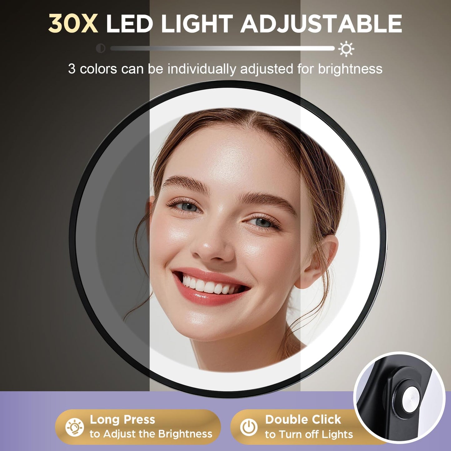 DASLAVA 30X Magnifying Mirror with Lights, 8" Dual Sided (1X/30X) Lighted Makeup Mirror, 360° Swivel, 5000mAh Rechargeable Side Touch & Side Charging, 3 Colors & Dimmable Brightness