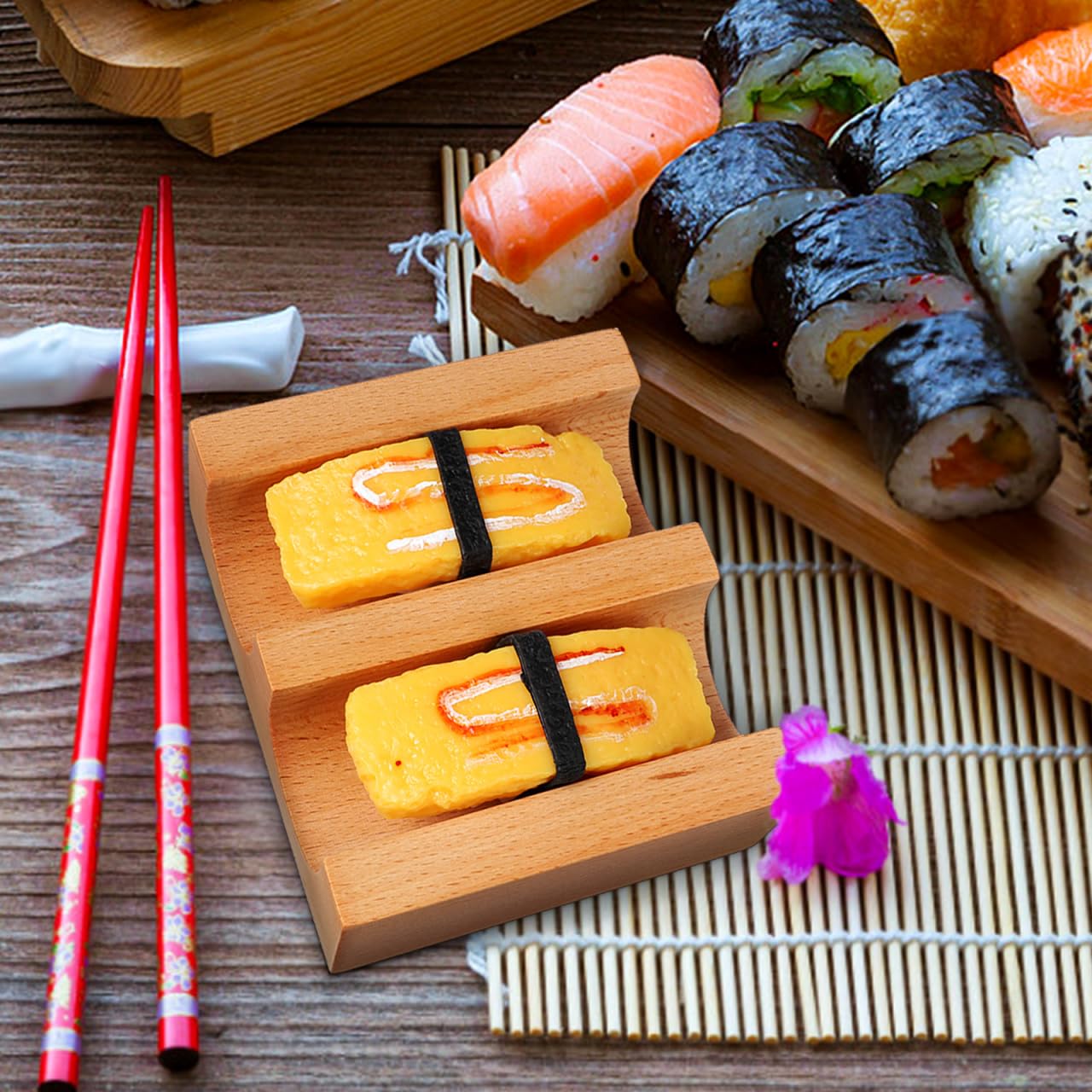 Cabilock Wooden Sushi Taco Holder, 2-Slot U-Shaped Hand Roll Stand, Japanese Temaki Display Rack for Home Kitchen & Restaurant, Authentic Sushi Roll Serving Tray & Sashimi Presentation Plate