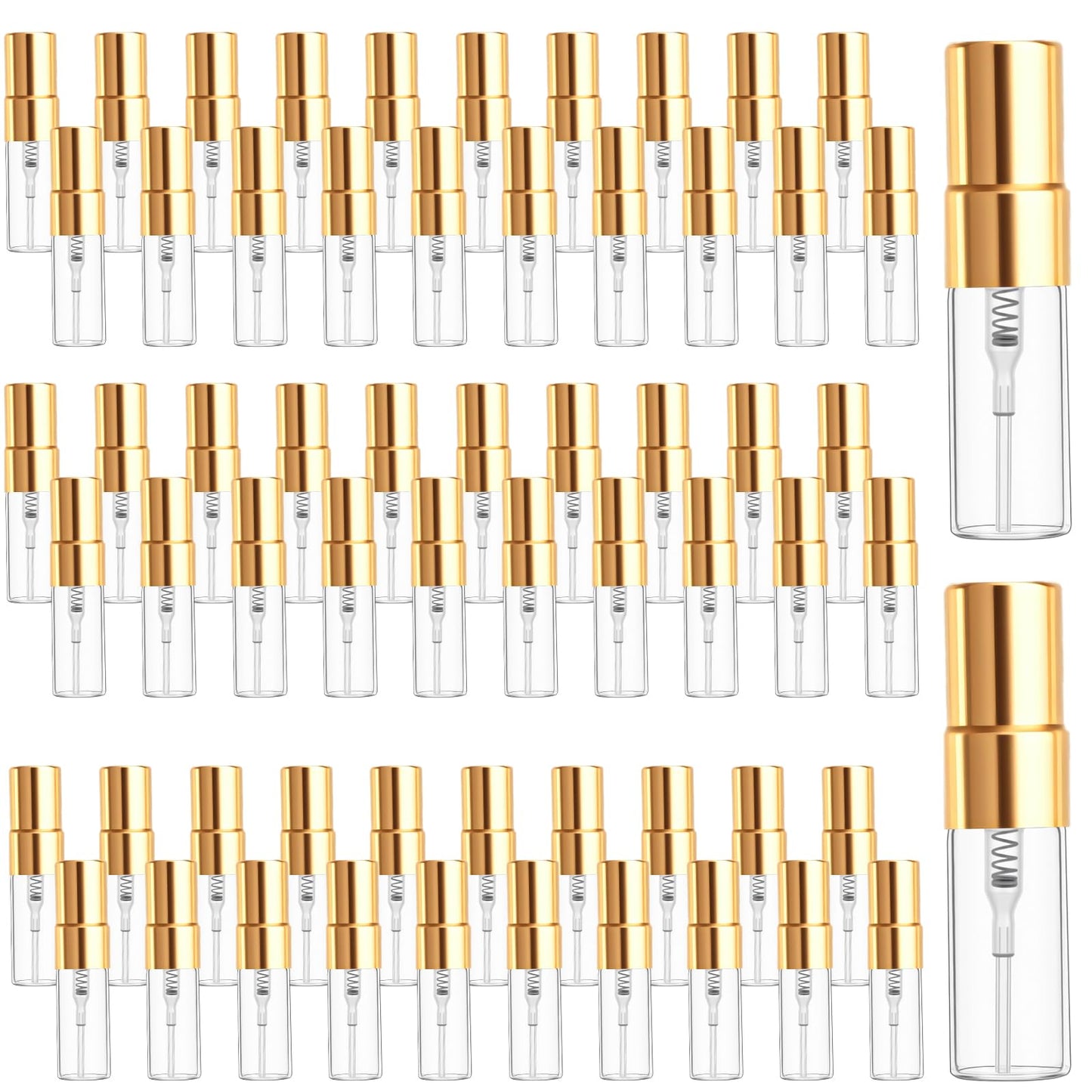 Dimeho 60 Pcs 3ml Fine Mist Atomizer Empty Glass Spray Bottle Refillable Perfume Travel Bottles Clear Portable Sample Containers with Gold Lids for Cleaning Essential Oils Makeup Liquid DIY Party