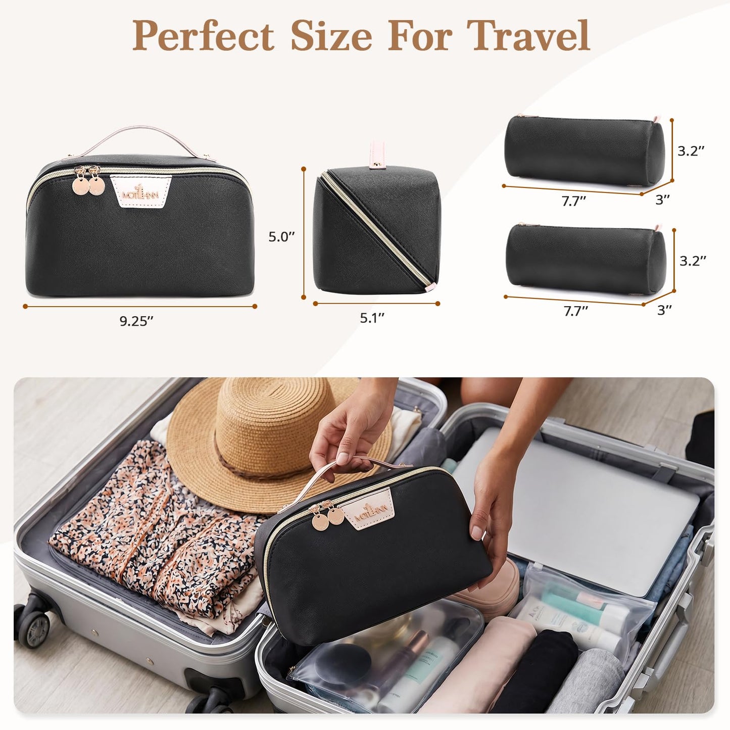MOT HINN Travel Makeup Bag for Women: 3-in-1 Large Capacity Cosmetics Organizer with 2 Detachable Pouch - Vegan Leather Flat Open Toiletry Bag - Portable Travel Essentials for Full-Sized Bottles-Black