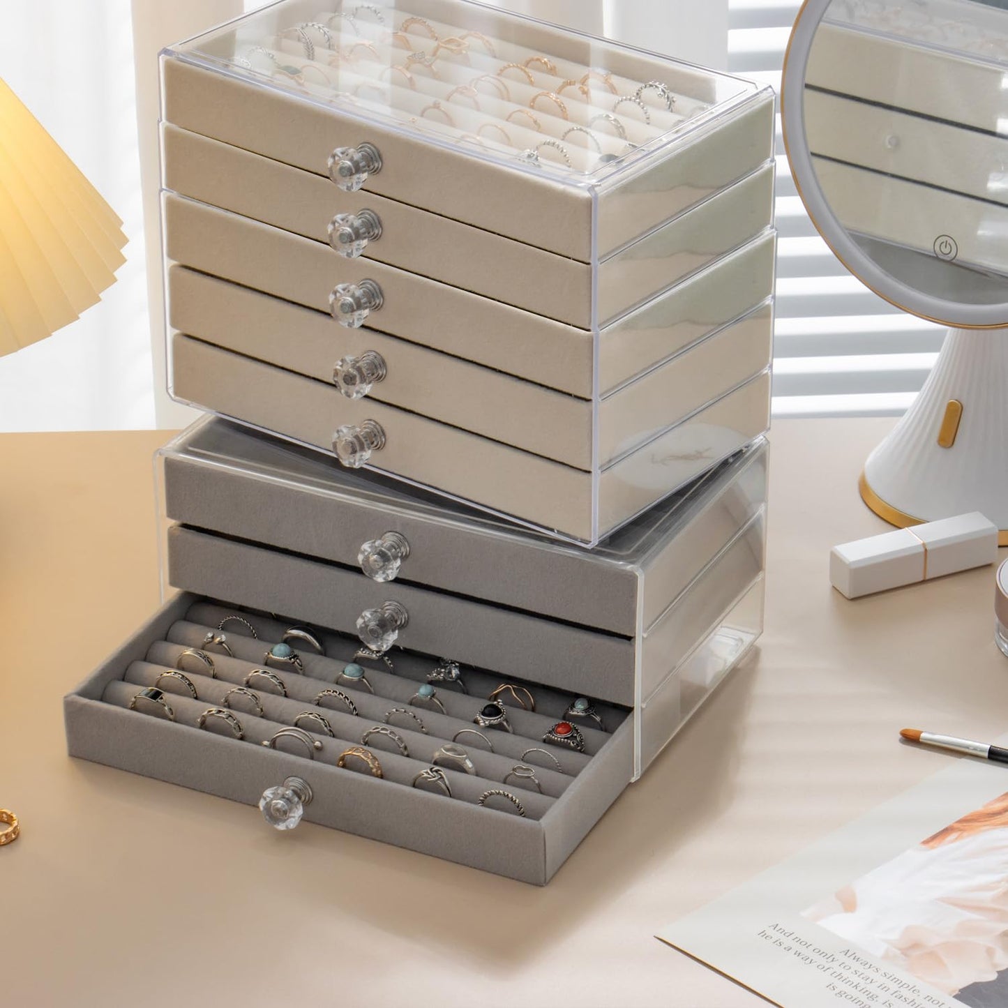 SPAKOWN Ring Box Display Holder, Clear Velvet Jewelry Storage Tray Organizer for Ring Stud Earring (Grey - 5 Drawers)