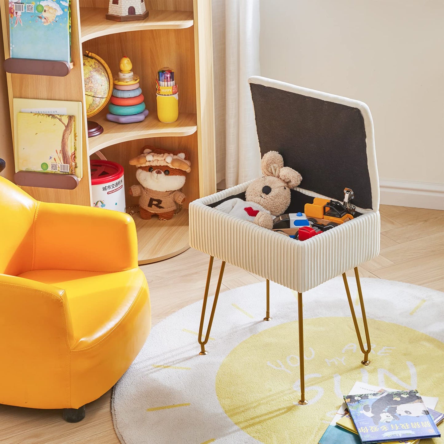 YMYNY Vanity Stool Chair with Storage, Square Ottoman Foot Stool, Modern Multifunctional Makeup Stool for Bedroom, Living Room, Office, Gold Legs, 18.9 * 15.75 * 11.6", Beige, UHBD024M