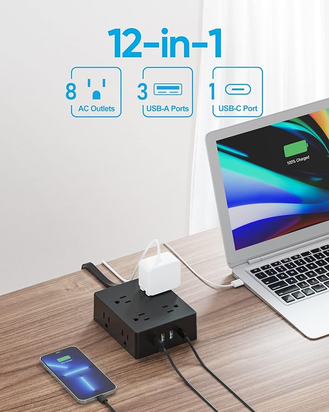Surge Protector Power Strip, Olcorife 25ft Long Extension Cord with 8 Outlets 4 USB Ports(1 USB C), Flat Wall Plug Outlet Extender, College Dorm Room Essentials, Black