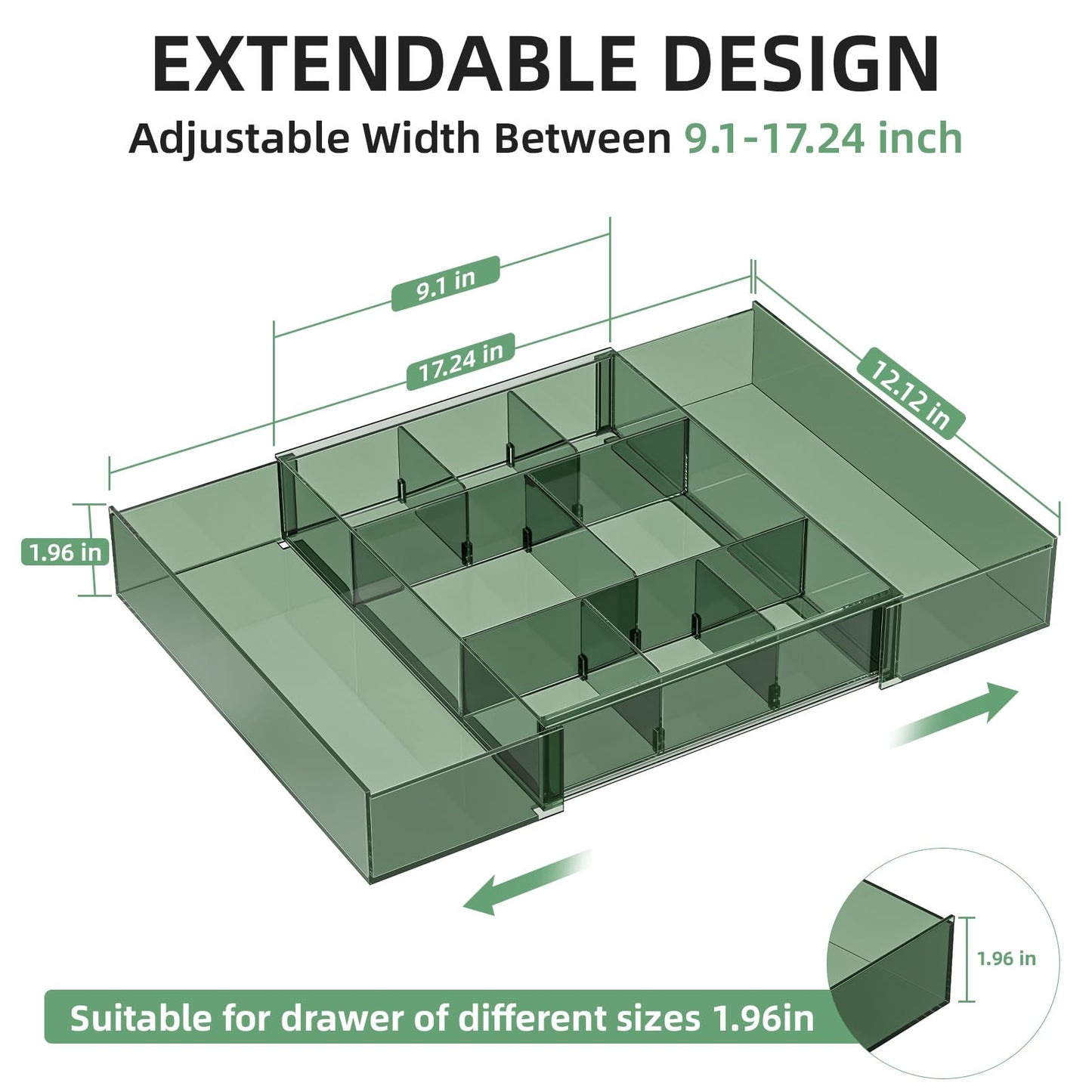 Marbrasse Expandable Desk Drawer Organizer, Clear Plastic Drawer Organizer Tray with 10 Adjustable Compartments, Desk Organizers and Accessories, 5 Drawer Dividers for Office Supplies(Clear Green)