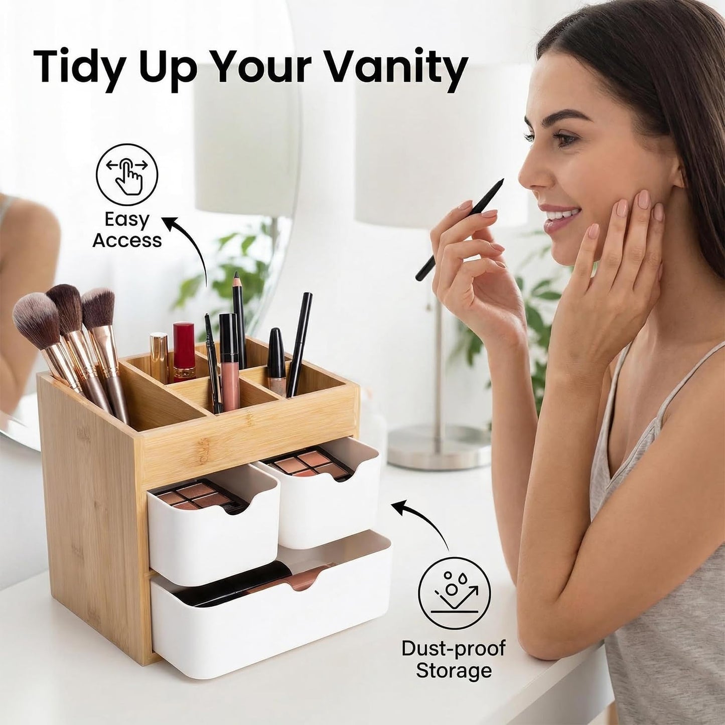 Ninebendstreams Bamboo Makeup Organizer with 3 Drawers, Dresser Cosmetic Organizer Box,Bamboo Desk Organizer for Home with Adjustable Dividers