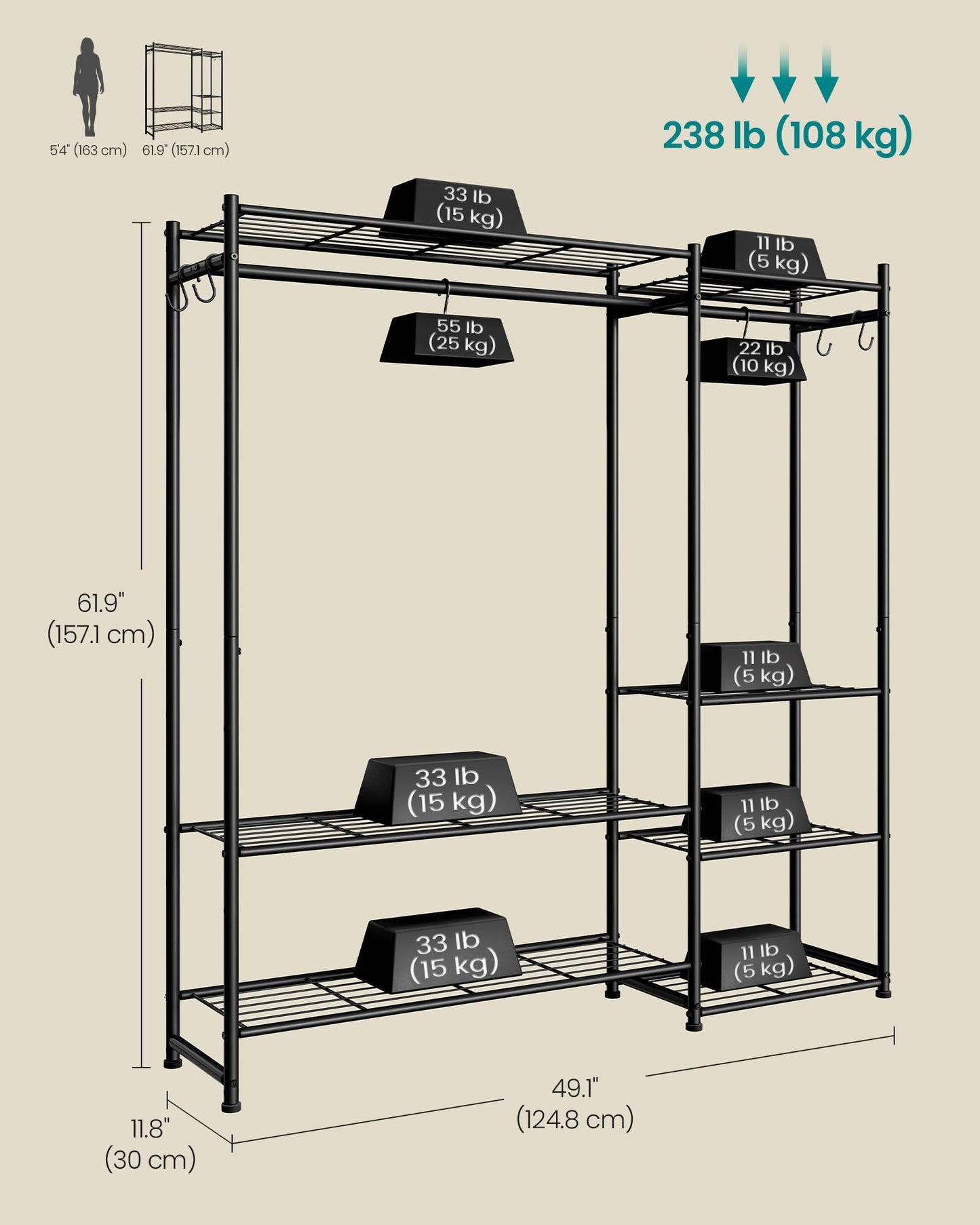 SONGMICS Portable Closet Wardrobe, Clothes Rack, Closet Organizers and Storage, Freestanding Clothing Rack with 7 Shelves, 2 Hanging Rods, Metal Frame Rack, for Bedroom, Entryway, Black ULGR010BZ03S