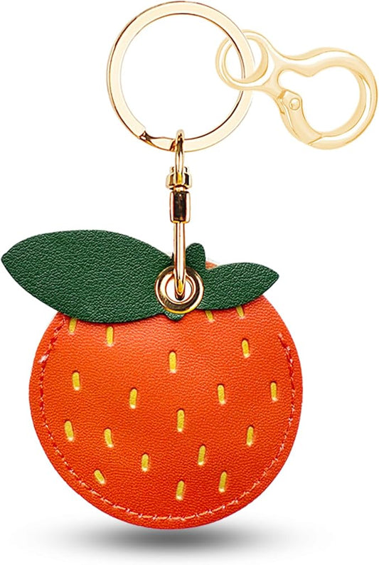 Leather Keychain for Airtag, Cute Protective Keychain Holder Compatible with Apple Air Tag,GPS Item Tracker Case Cover for Keys,Bags,Pets,Luggage(Orange)