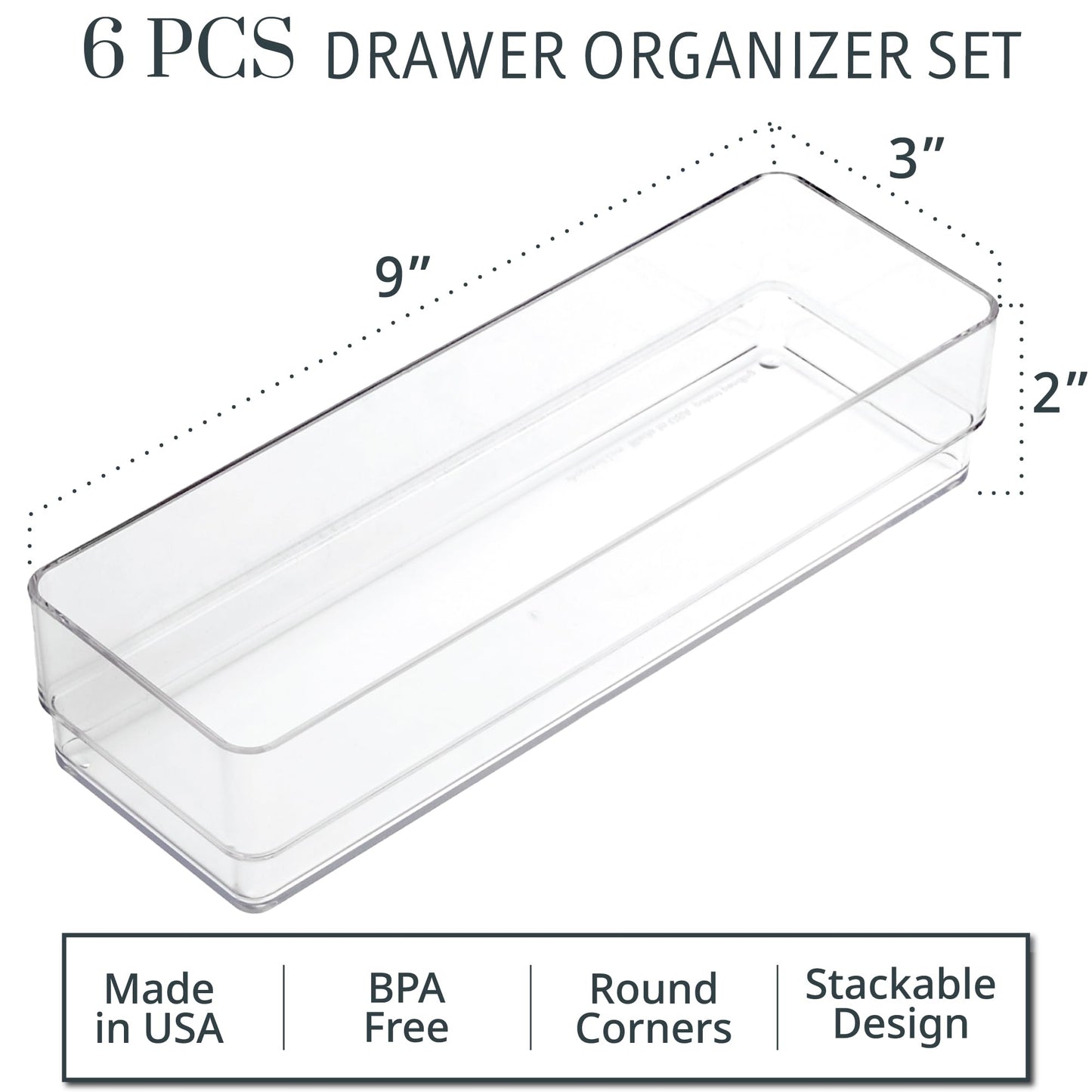 STORi SimpleSort 6-Piece Stackable Clear Drawer Organizer Set | 9" x 3" x 2" Rectangle Trays | Narrow Makeup Vanity Storage Bins and Office Desk Drawer Dividers | Made in USA