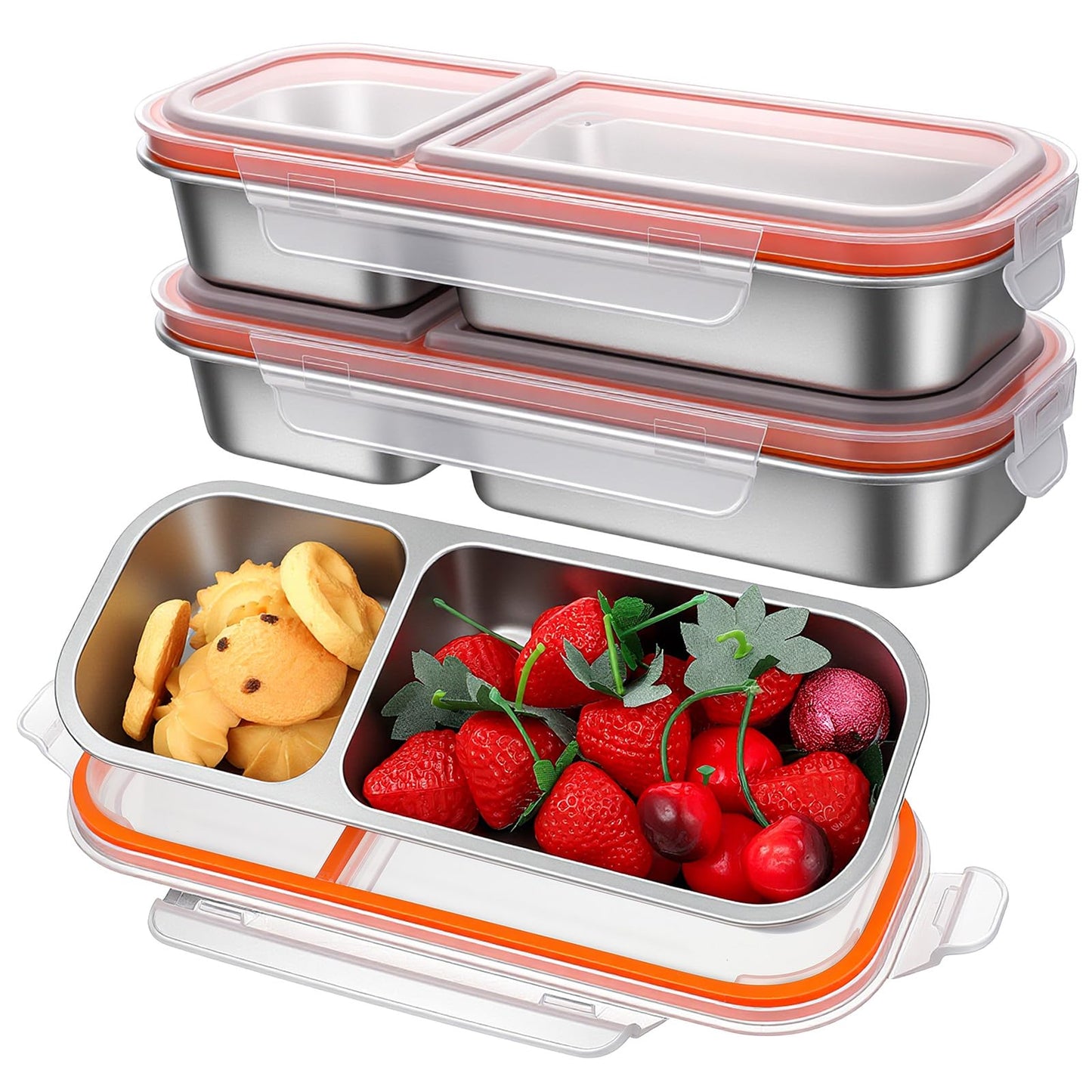 IANFAN 3 Pack Stainless Steel Snack Containers with Lids, Reusable 2 Compartments Snack Bento Box for Adults, Leak Proof Divided Snack Food Storage Containers for Home, Work, Travel, Grab and Go