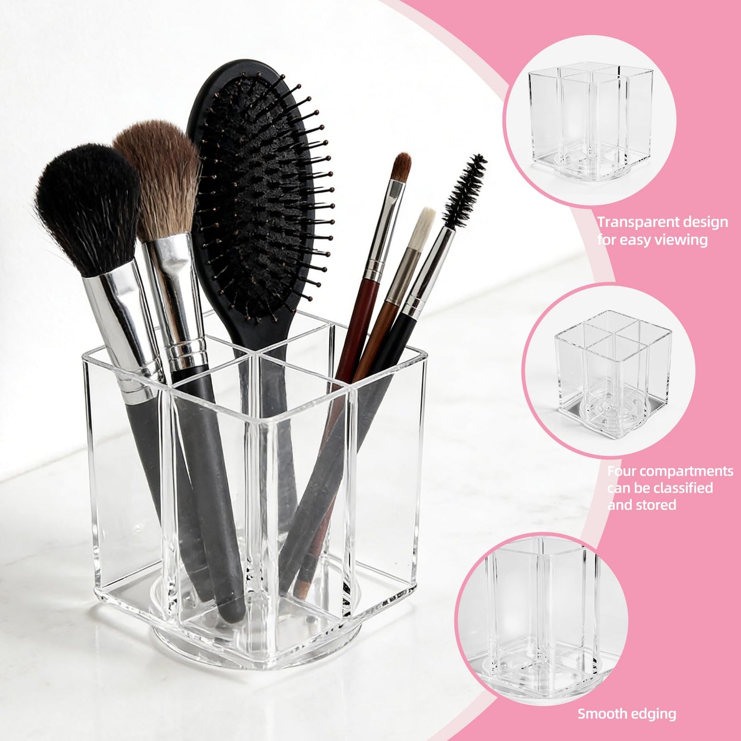 HALAGAS Acrylic Makeup Brush Holder, Clear Rotating Makeup Brush Holder Organizer with 4 Slots, Square Makeup Brush Cup for Vanity Desk Countertop Bathroom