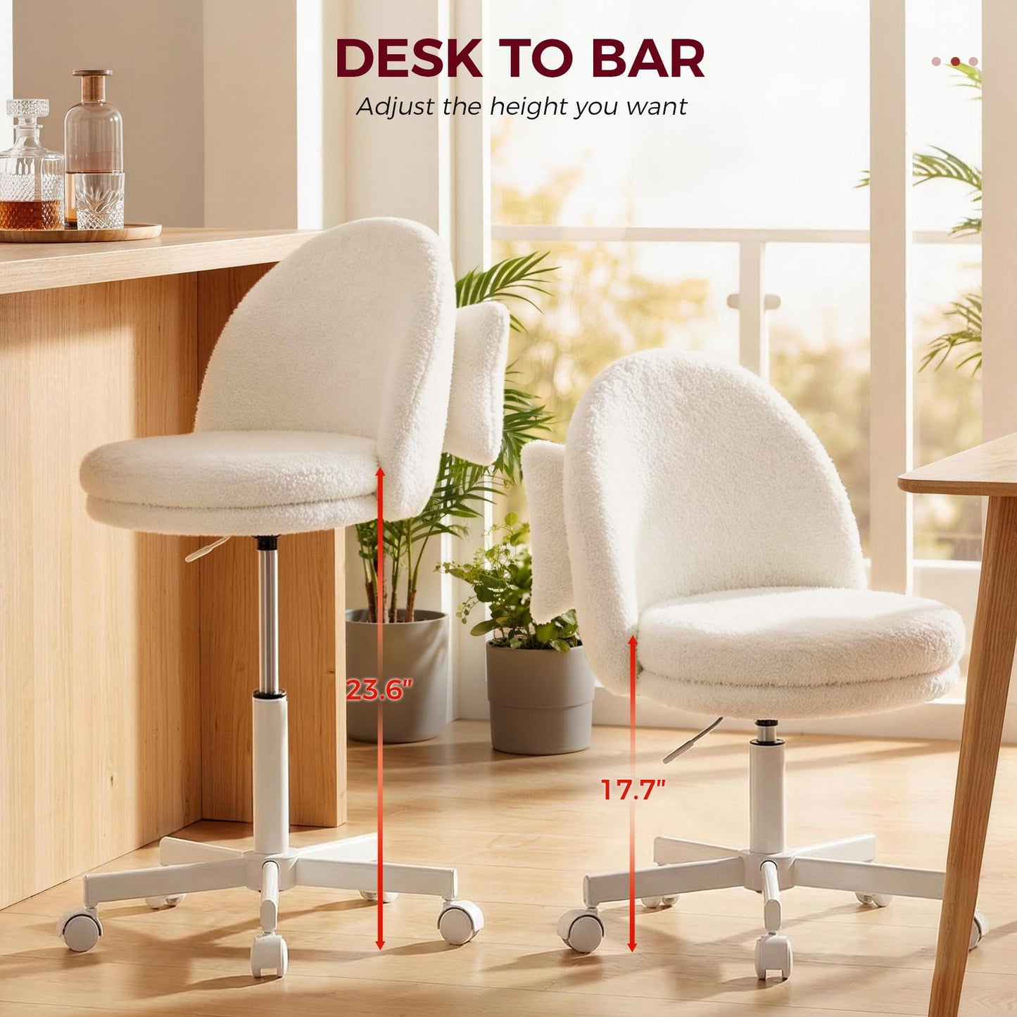 GTPLAYER Velvet Tall Office Chair with Wheels Vanity Chairs with Back, Versatile Height Use: Office to Bar Stools Small Ergonomic Comfy Armlees Computer Desk Chair with Bow Lumbar Pillow for Gift