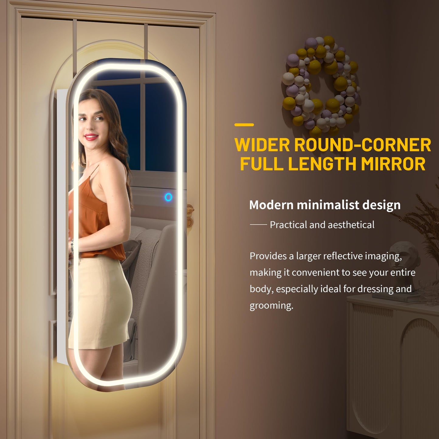 LVSOMT LED Mirror Jewelry Cabinet, Wall/Door Mount Jewelry Mirror Organizer, Rounded Full Length Mirror with Storage, Lockable Jewelry Armoire, 16" Wide, Foldable Shelf, Interior Mirror, White