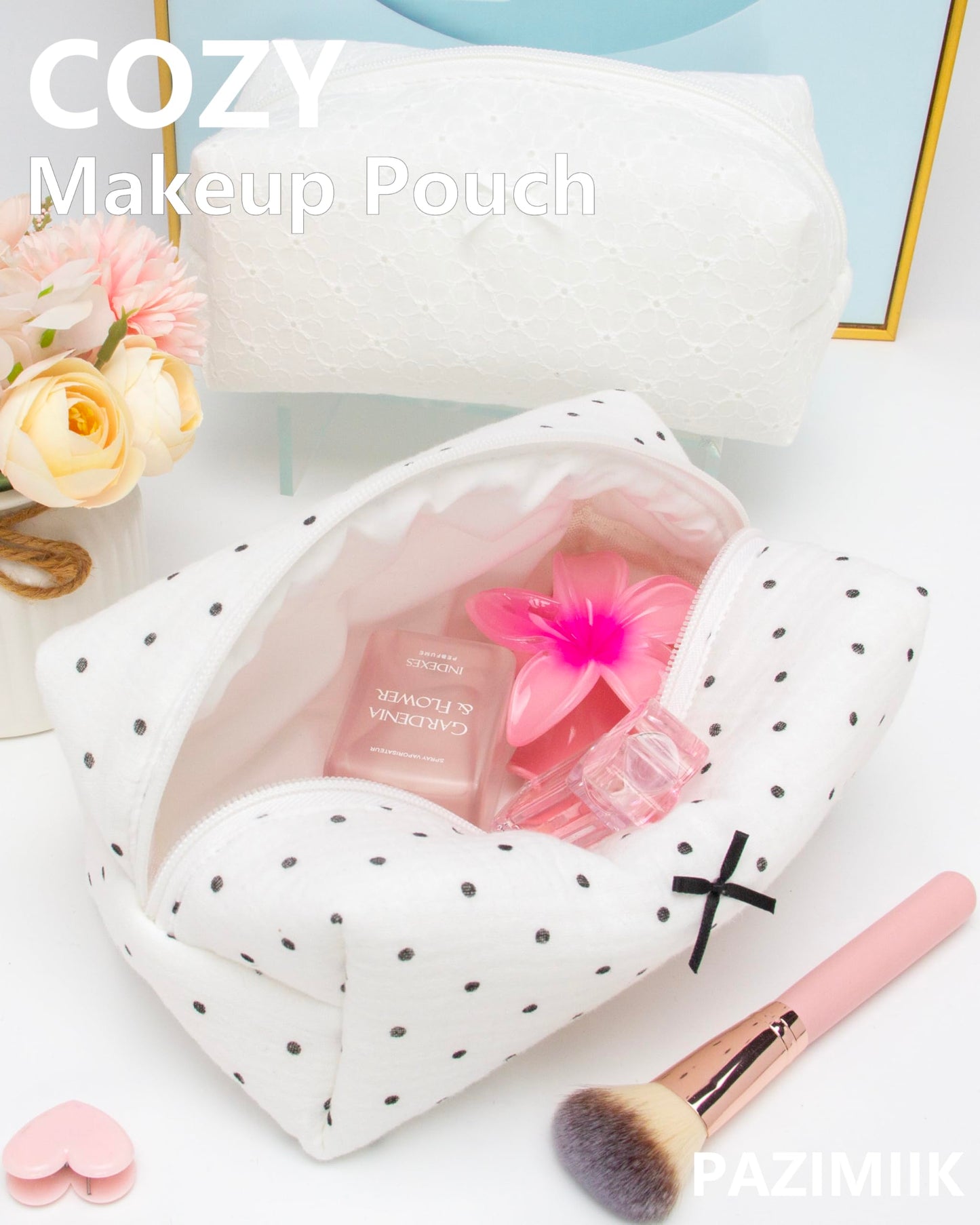 PAZIMIIK 6PCS Cozy Makeup Bag Small Aesthetic Travel Zipper Cosmetic Pouch for Women Make Up Beauty Accessories Brushes,Polka Dot