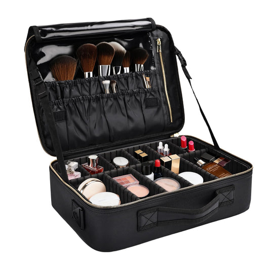 Travel Makeup Bag with Brush Holder, Professional Cosmetic Train Case Organizer, Portable Travel Makeup Brush Carry Case Artist Storage Box with Adjustable Dividers and Shoulder Strap, Leather Black