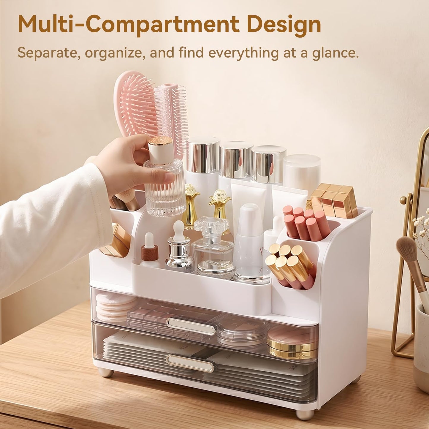 Brothersbox Makeup Organizer for Vanity with 2 Large Drawers and 6 Brush Holders, Large Bathroom Countertop Cosmetic Storage for Skincare, Lipstick, Nail Polish, Perfume, Gift for Women, White