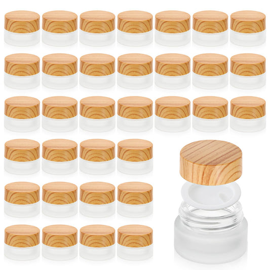 36 Pcs 5 Grams Glass Cosmetic Containers, Round Frosted Cosmetic Jars with Leak proof Woodgrain Lids, Makeup Sample Containers, Empty Glass Sample Jars for Lotion, Cream, Scrub, Balm