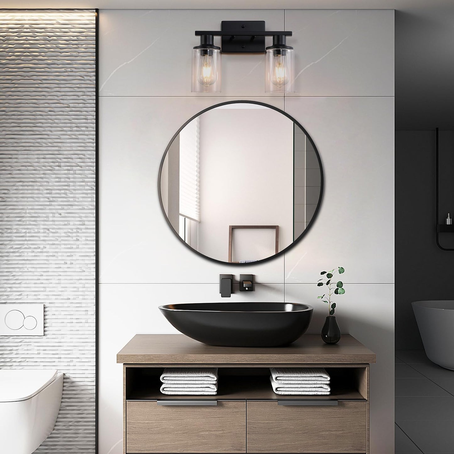 Litaddscen 2-Light Matte Black Bathroom Vanity Light,Bathroom Light Fixtures Over Mirror with Clear Glass Shade,Modern Farmhouse Wall Sconces Lighting for Kitchen Living Room Cabinet