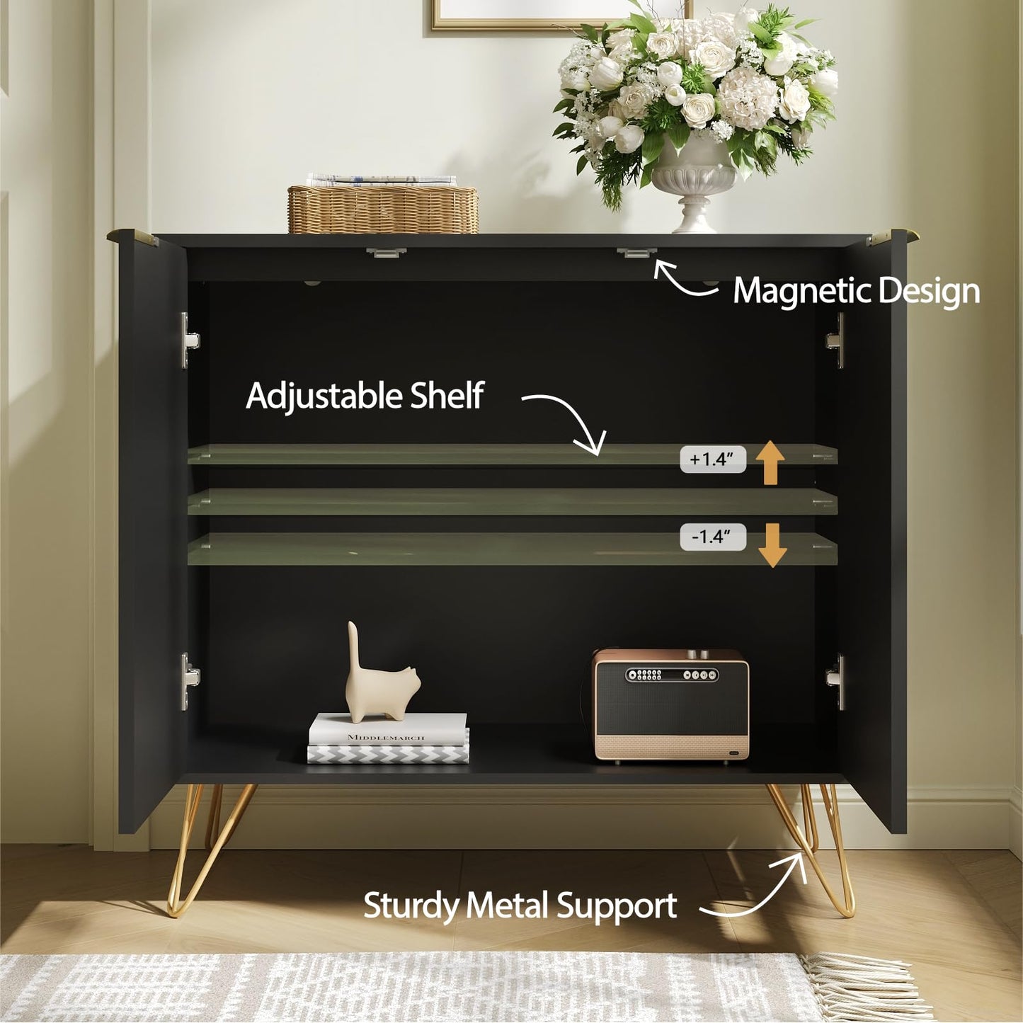 Sscaktu Fluted Storage Cabinet, 2 Doors Sideboard Buffet Cabinet, Modern Wood Accent Table with Adjustable Shelves, Console Table for Living Room, Hallway, Entryway, Black