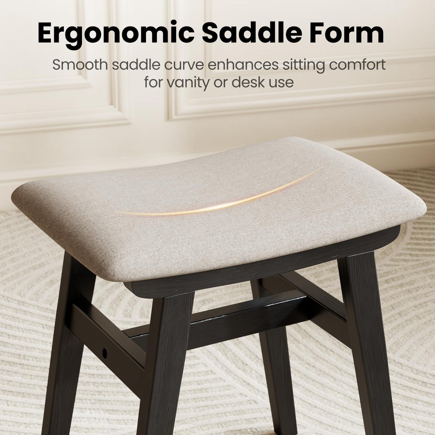 DONGMUWUJEE Solid Wood Small Vanity Stool Chair, Makeup Stools for Vanity Desk, Bathroom Vanity Chair, Padded Foot Stool for Living Room, Ottoman Foot Rest for Couch, Small Bench for Entryway, Black