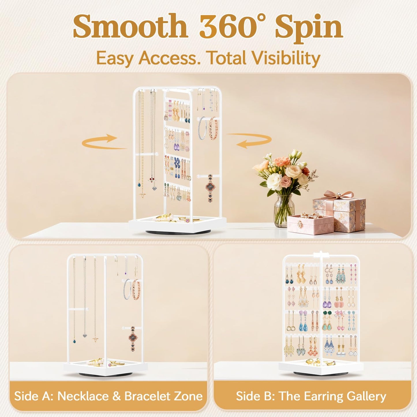 MODOWEY Earring Necklace Holder Organizer Jewelry Stand, Wood Rotating Display Tree for Vendor Selling, Tiered Tower Rack for Pierced Stud Bracelet 90+ Pieces Storage, Easy Access for Women, White