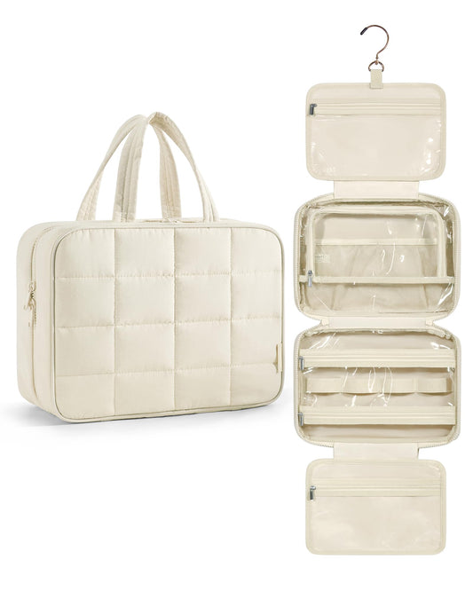 BAGSMART Travel Toiletry Bag with Jewelry Organizer, Hanging Travel Bag for Toiletries, Puffy Makeup Cosmetic Bag Organizer, Carry-on Travel Accessories Essentials, Beige-L