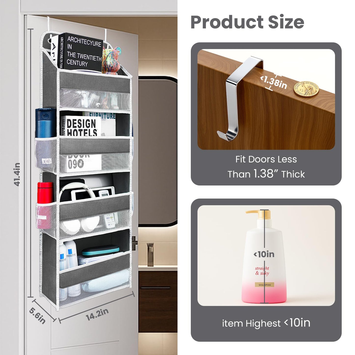 Over The Door Organizer with LifetimeWarranty, 4 Shelves & 4 Side Pockets, Large Storage Rack Holds 44lb, Heavy-Duty Reinforced Mesh Shelf for Bathroom, Closet, Toy Organization, Shoes, Towels, Grey