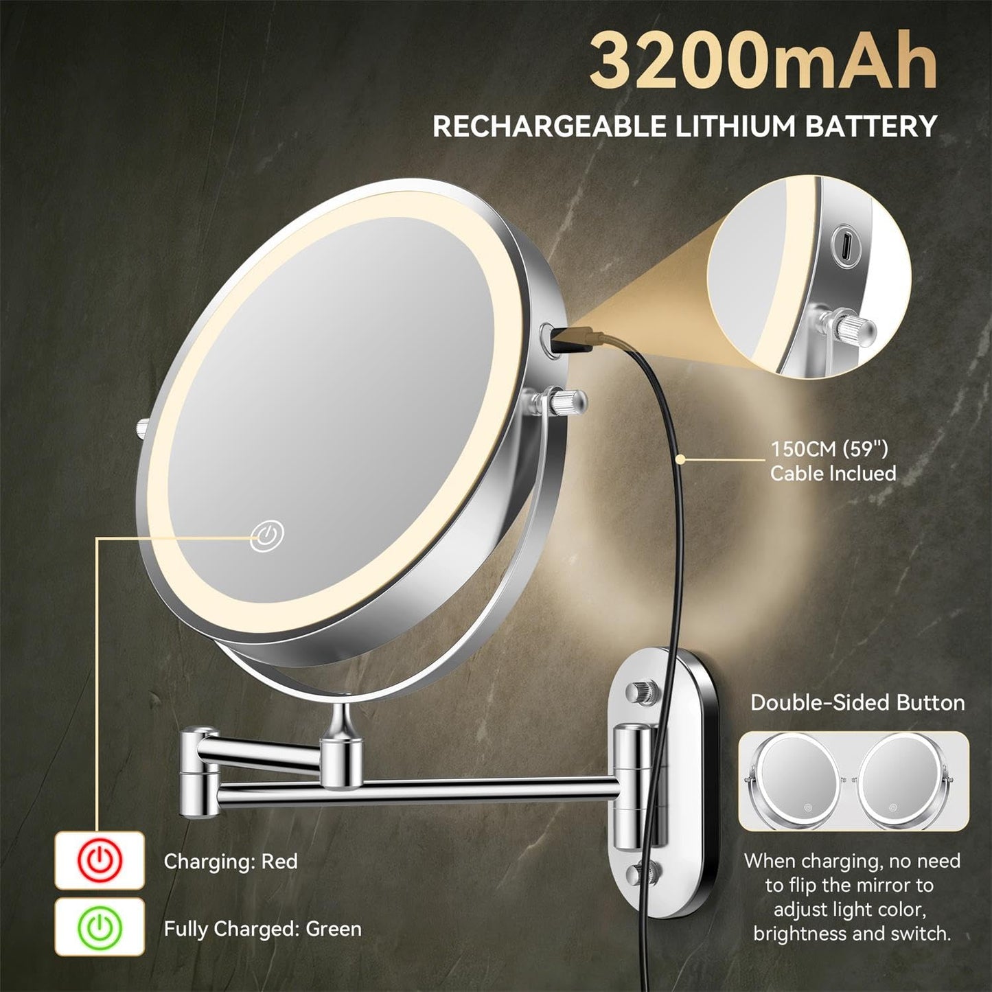 Auxmir 8'' Wall Mounted Lighted Makeup Mirror, 3200mAh Rechargeable Double-Sided 1X/20X Magnifying Mirror with Light, Touch Dimmable 3 Color Light, 360° Rotation Foldable Extended Arm, Chrome
