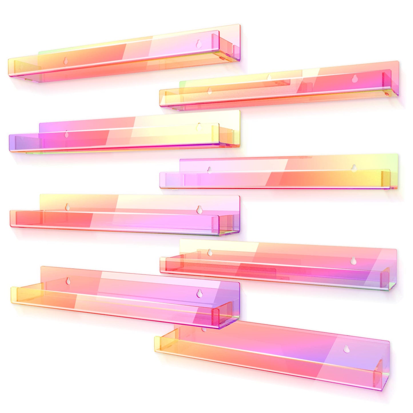 RORKIM 8 Pack 15 Inch Iridescent Acrylic Shelves, Clear Rainbow Kids Floating Bookshelf for Kids Room, Modern Sunglasses Essential Oil Picture Ledge Display Toy Storage Wall Shelf