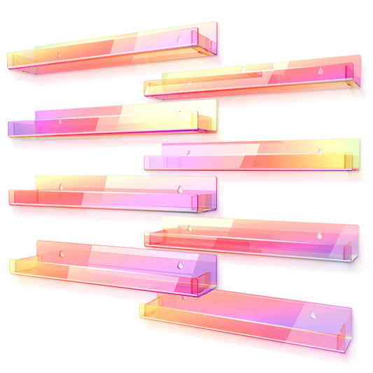 RORKIM 8 Pack 15 Inch Iridescent Acrylic Shelves, Clear Rainbow Kids Floating Bookshelf for Kids Room, Modern Sunglasses Essential Oil Picture Ledge Display Toy Storage Wall Shelf