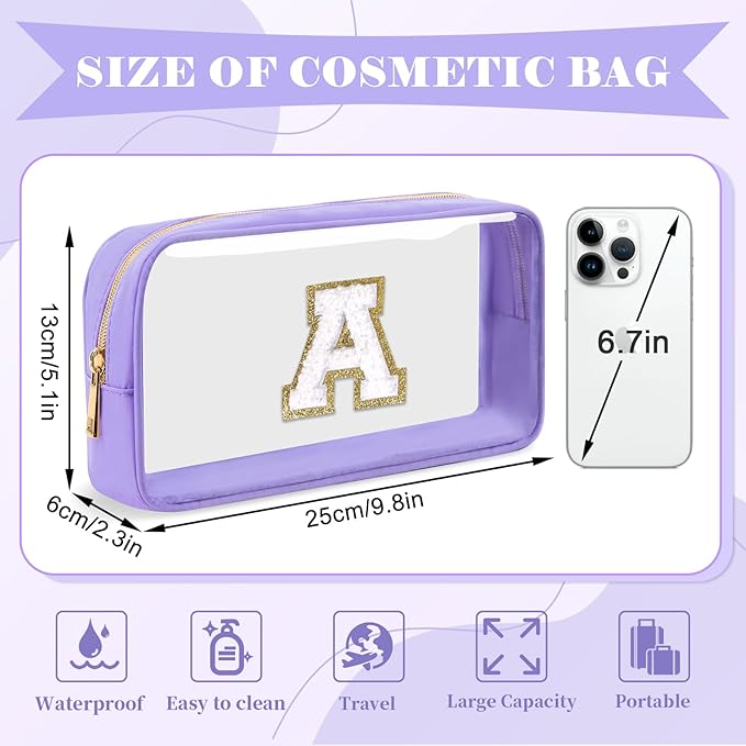 Personalized Initial Letter Clear Makeup Bag,Preppy Small Nylon&PVC Cosmetic Zipper Bag with Chenille Letter,Travel Skincare Toiletry Bag,Monogram Christmas Gift for Teen Girls Women,A