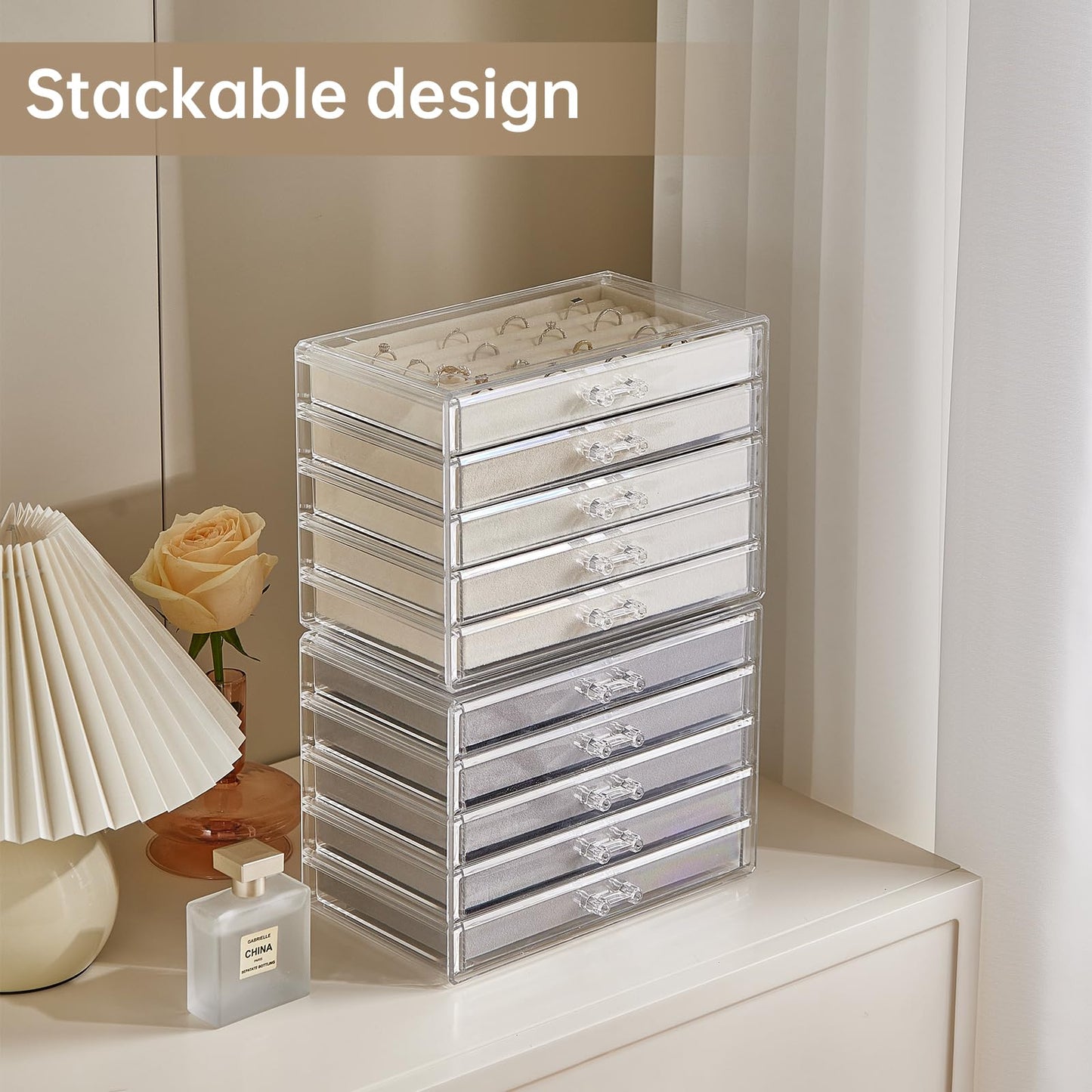 XRXYX Acrylic Jewelry Box with 5 Drawers, Clear Earring Holder Organizer Rings Display Case with Adjustable Velvet Trays for Women Girls, Grey