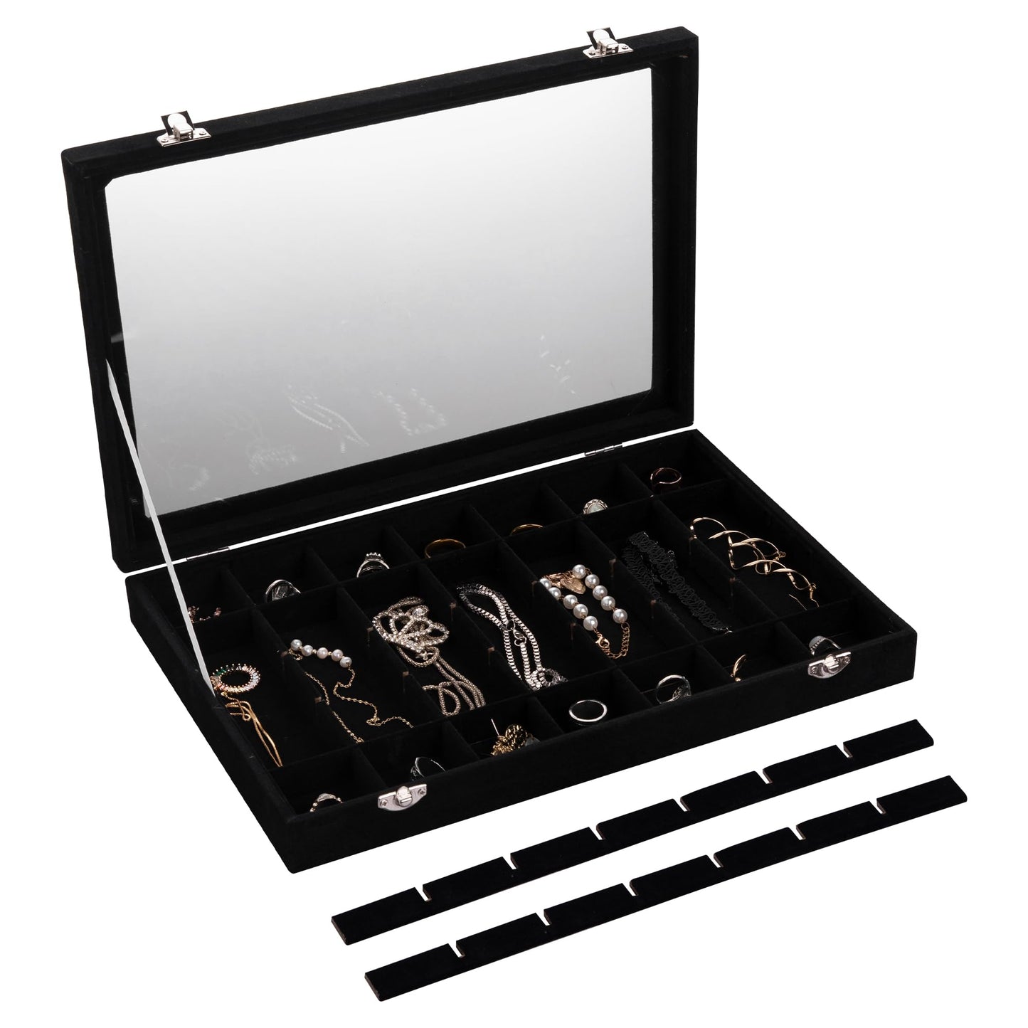 Frebeauty Velvet Jewelry Tray,35 Grid Jewelry Organizer with Clear Lid,Earring Holder Organizer Case with Clasp,Drawer Insert for Rings Studs,13.8 x 9.5 x 2 Inches,Gift for Women Girls(Black)